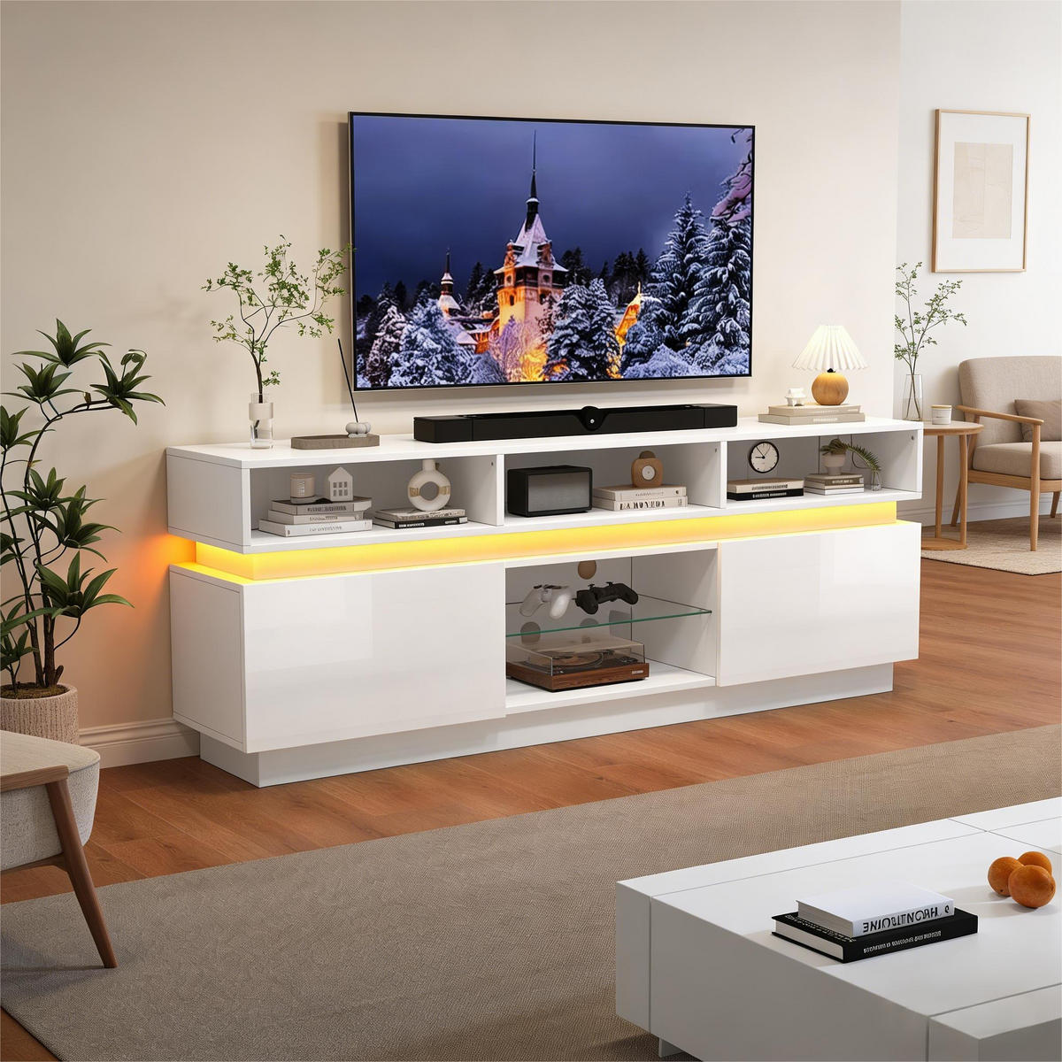 TV STOLEK TV skříňka s LED osvětlením, vysokolesklými čely a skleněnou policí do obývacího pokoje Bílá 160 x 35 x 60 cm - bílá, kompozitní dřevo/sklo (160/60/35cm) - EVRYAE