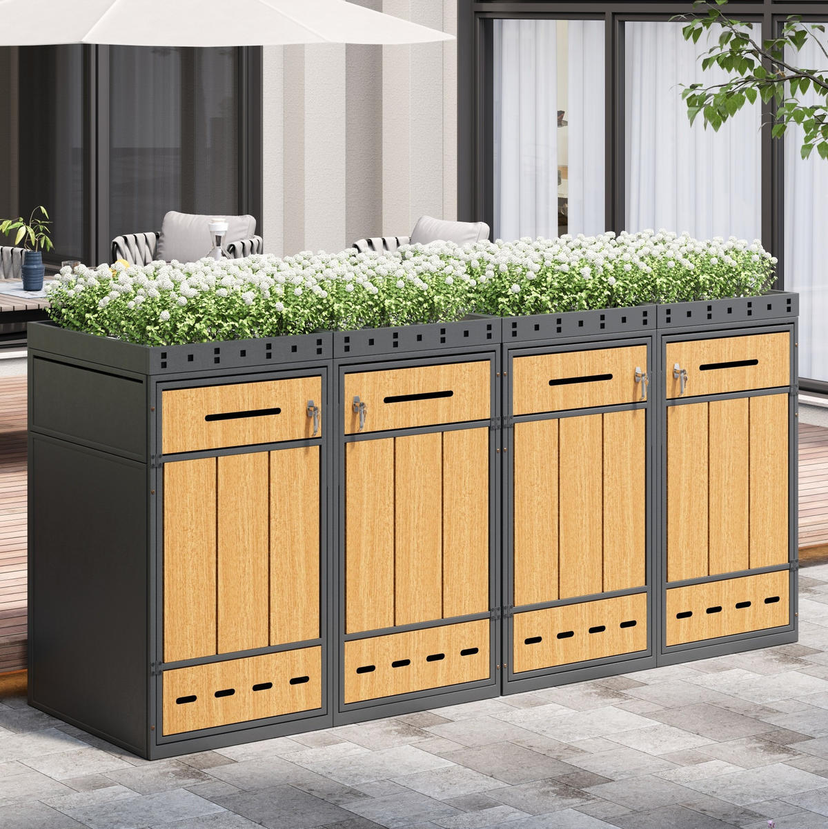 MÜLLTONNENBOX aus Stahl in Grau Holzoptik mit Pflanzdach & Schloss - Grau, Metall (264/124/80cm) - Modfu