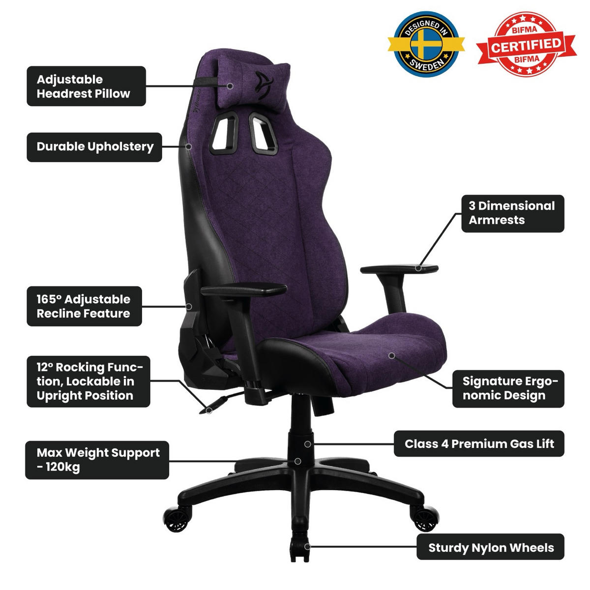 GAMINGSTUHL Avanti Soft Fabric™ Reines Lila - Lila/Schwarz, Kunststoff/Textil (70/135/47cm) - Arozzi