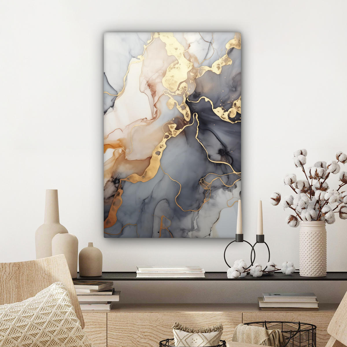 LEINWANDBILD Marmor - Schwarz - Gold - Weiß 40x60 cm - Dunkelgrau, Textil (40/60cm) - MuchoWow