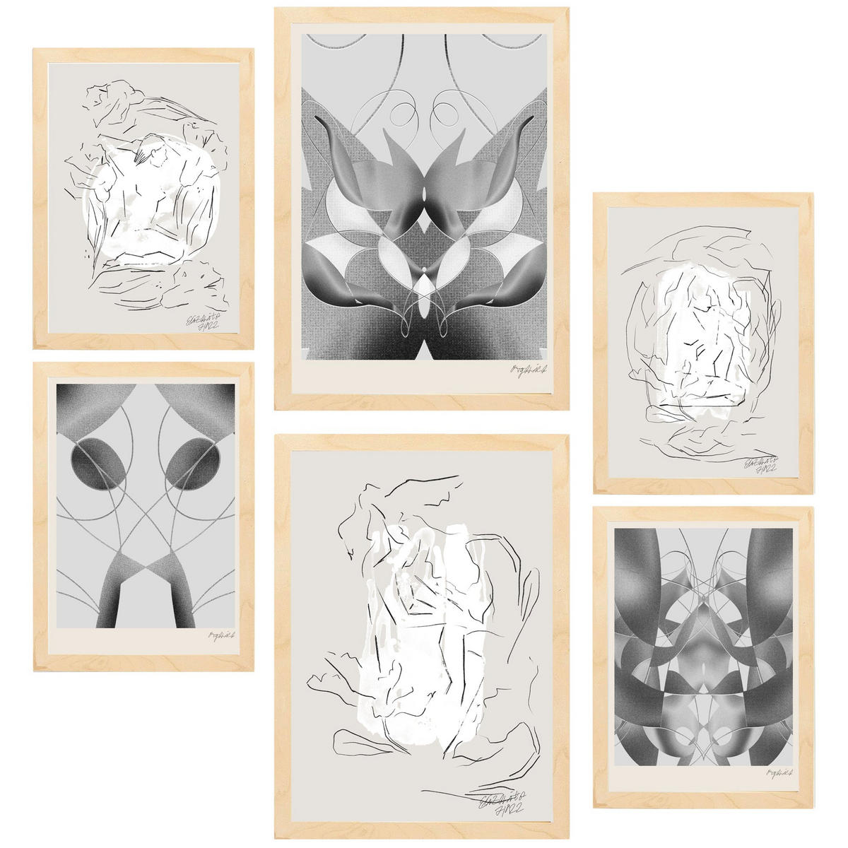 POSTER Set Mit 6 Graue & Schwarze Abstrakte Kunst A3 & A4 Rahmen Aus Hellem Holz - Beige, Papier (29/3cm) - Nacnic