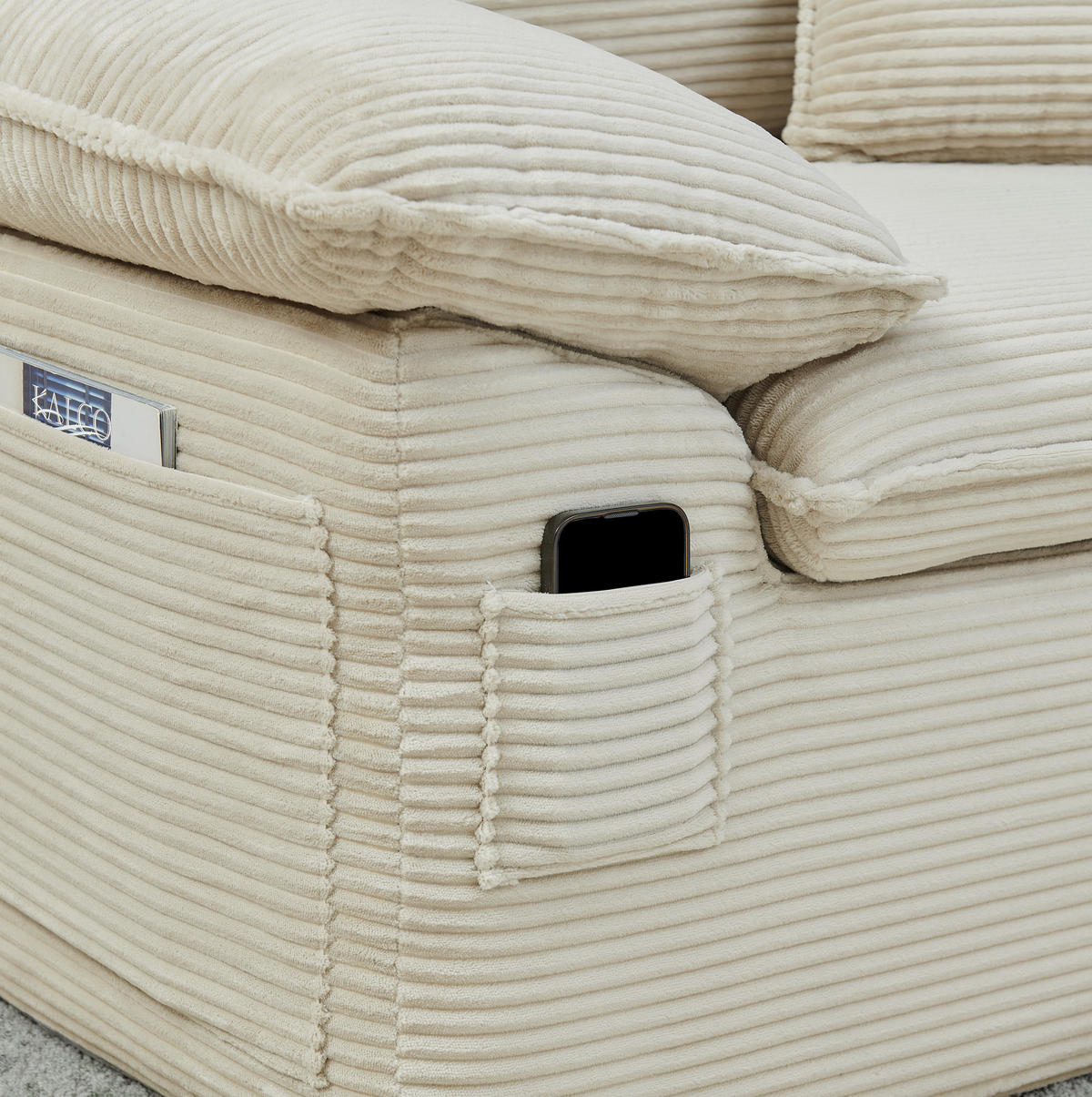 2-SITZER-BODENSOFA 156/206/65 cm beige aus Stoff mit Fußstütze und Seitentaschen - Beige, Textil (206/65/156cm) - OKWISH