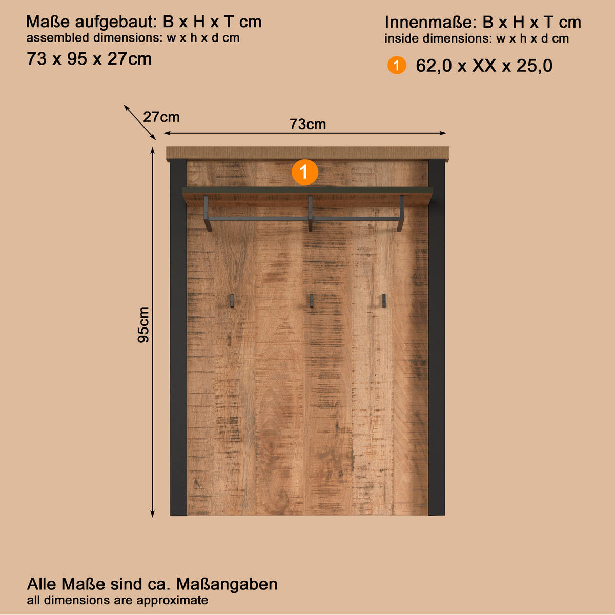 GARDEROBENPANEEL Mango, schwarz 73 x 95 cm, Wandgarderobe mit Kleiderstange - Schwarz/Naturfarben, Holzwerkstoff/Metall (73/95/27cm) - Top.Furn
