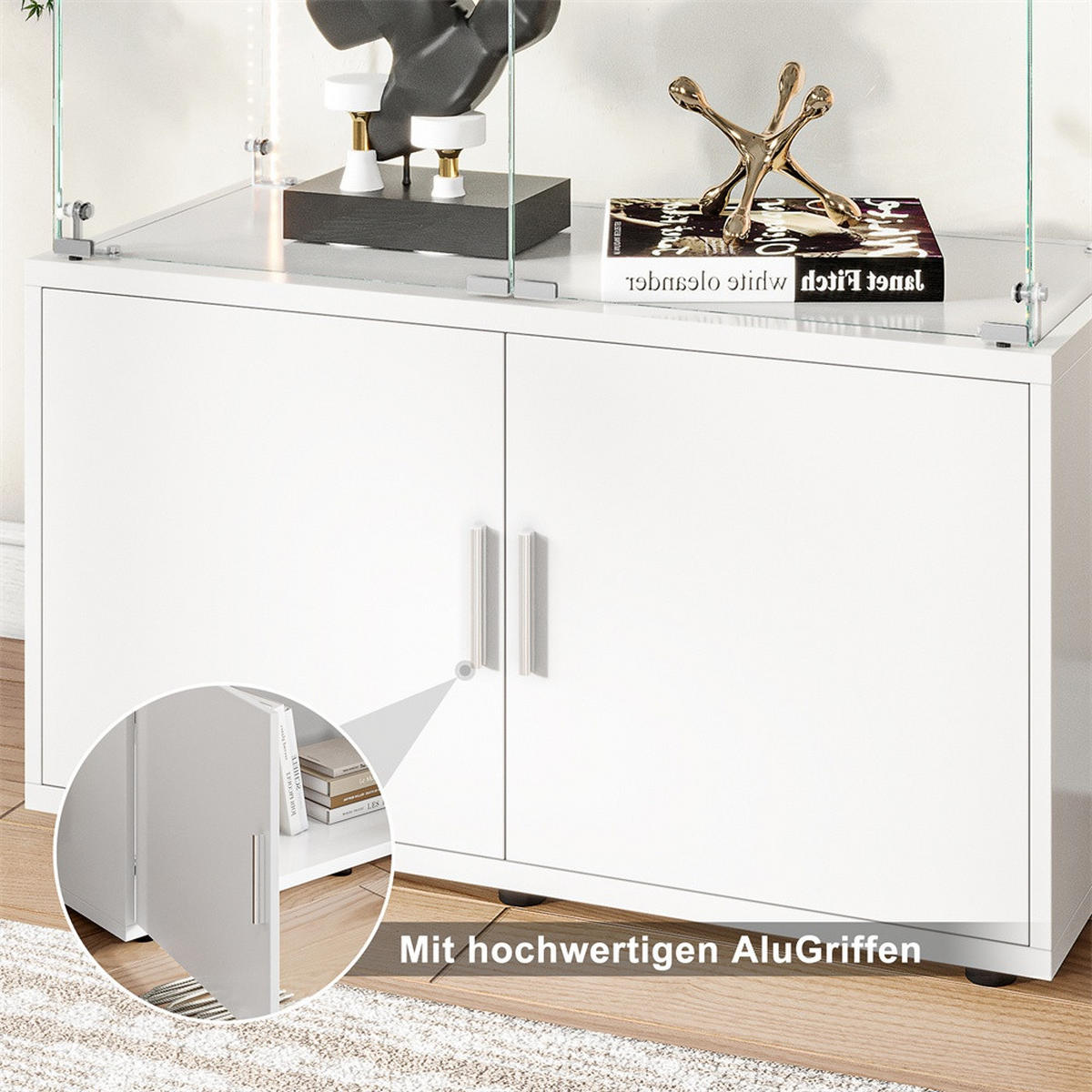 VITRINE - Glasvitrine mit Cabinet-Unterbau - 4 Türen und 3 Ebenen - LED-Lichtband-Beleuchtung - Weiß - Weiß, Glas (78.51/164/35cm) - DELFA