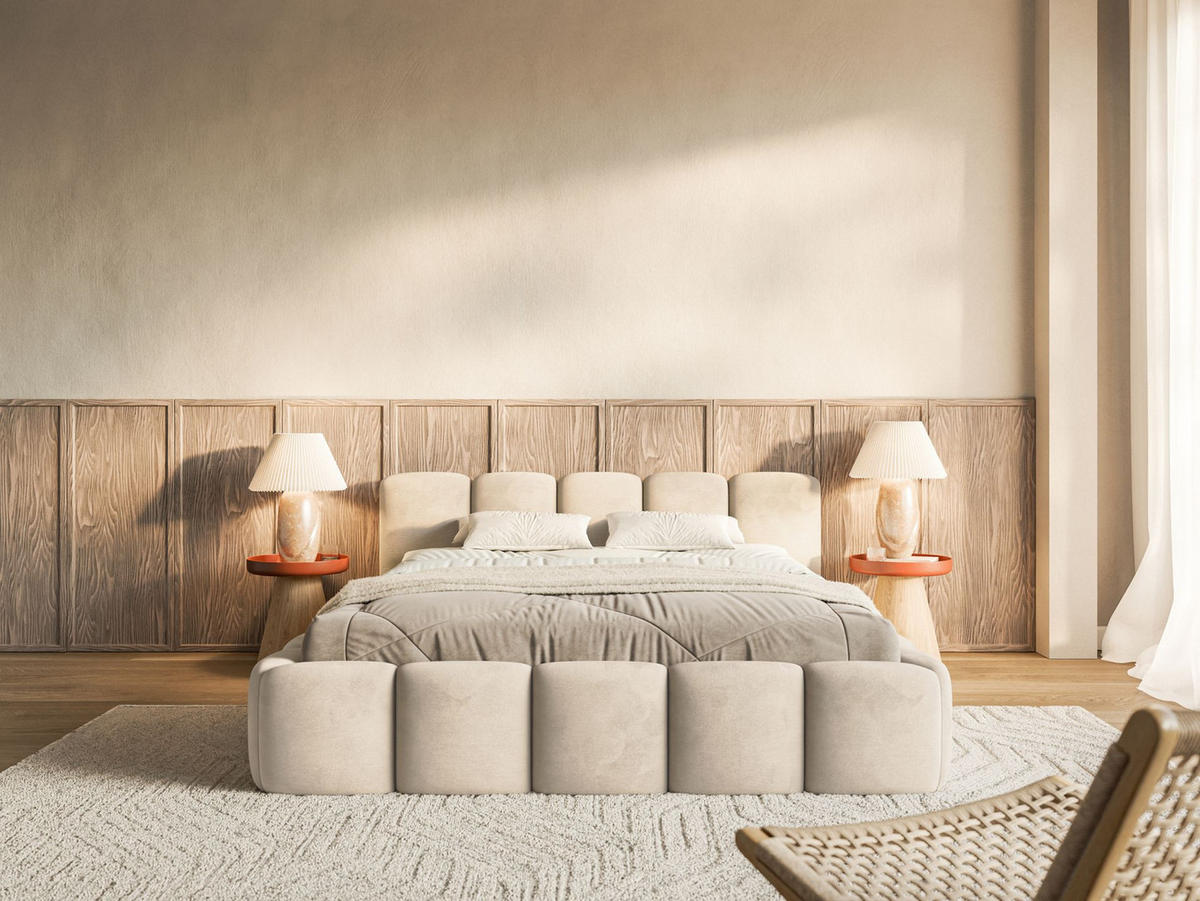 POLSTERBETT Cloudy Low Hellbeige Samtbezug mit Bettkasten 200x200 - Ecru, Textil (200/200cm) - Selsey