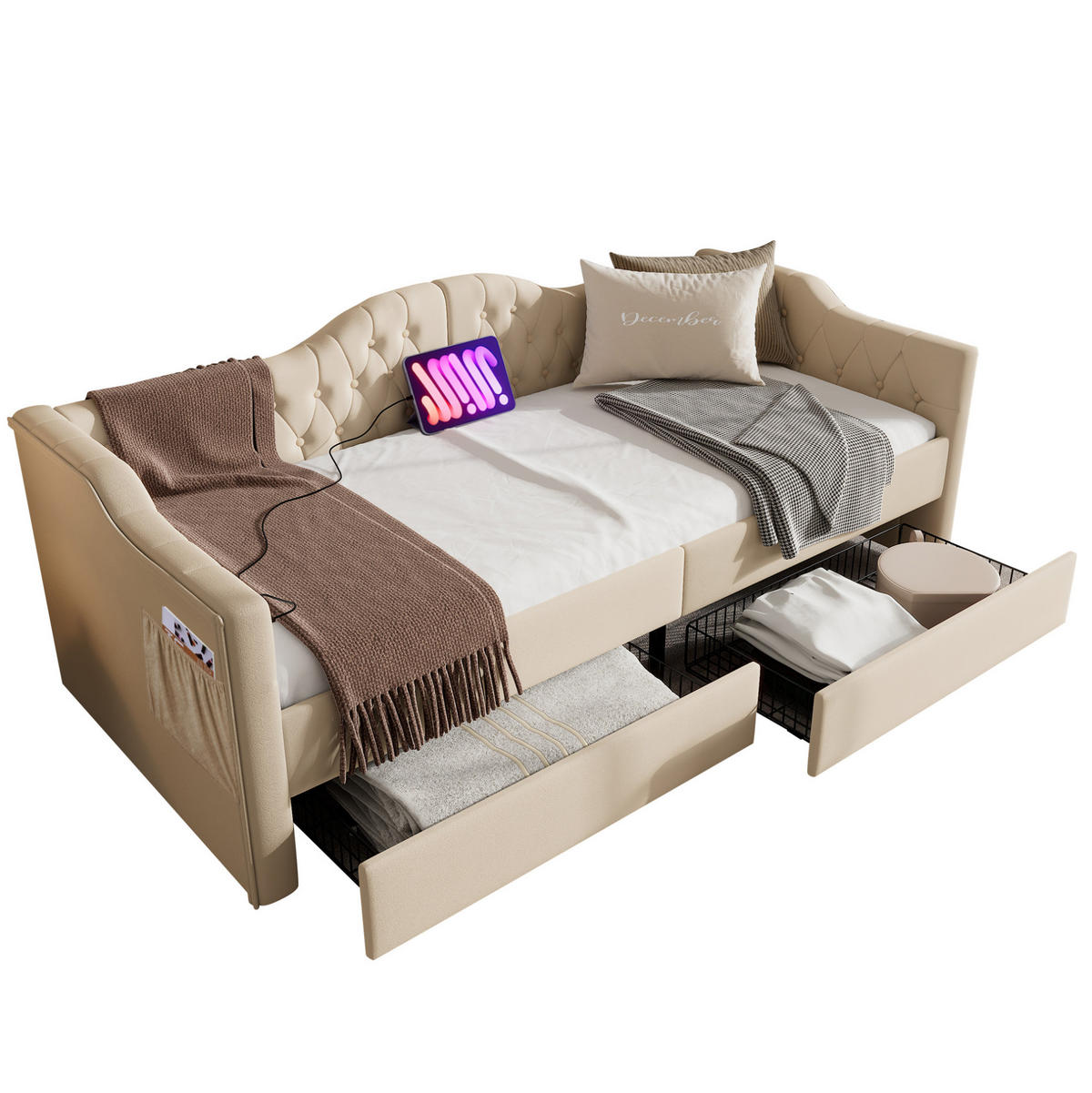OBLAZINJENA postelja 90/200 cm z USB in priključkom Type-C, 2 predaloma in stranskimi žepi, Bež - bež, tekstil (90/200cm) - Redom
