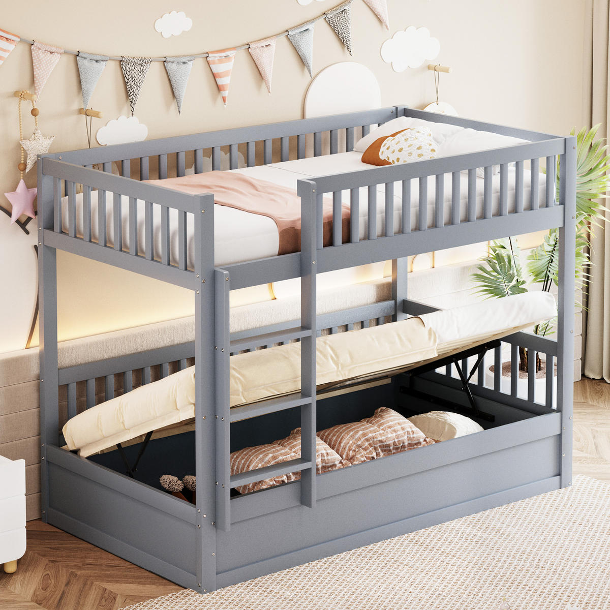 ETAGENBETT aus 90x200 cm Grau mit hydraulischem Stauraum, Sicherheitsleiter und Lattenrost - Grau, Holzwerkstoff (90/200cm) - Modfu