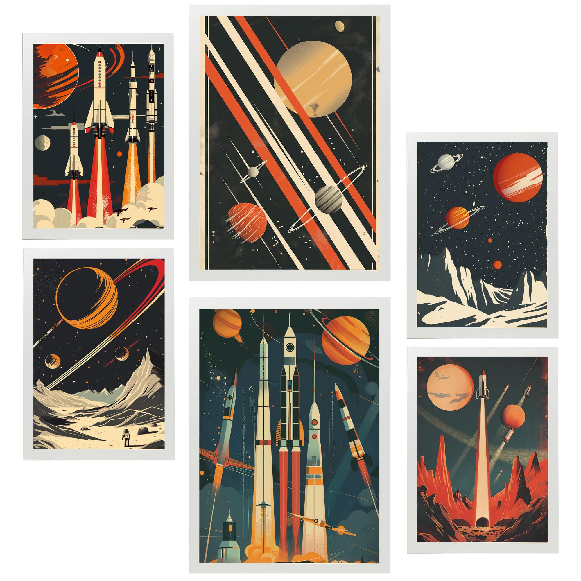 POSTER Set Mit 6 Raumschiff Rakete Planeten Vintage Rot & Blautöne A3 & A4 Weißer Rahmen - Weiß, Papier (29/3cm) - Nacnic