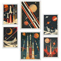 POSTER Set Mit 6 Raumschiff Rakete Planeten Vintage Rot & Blautöne A3 & A4 Weißer Rahmen - Weiß, Papier (29/3cm) - Nacnic