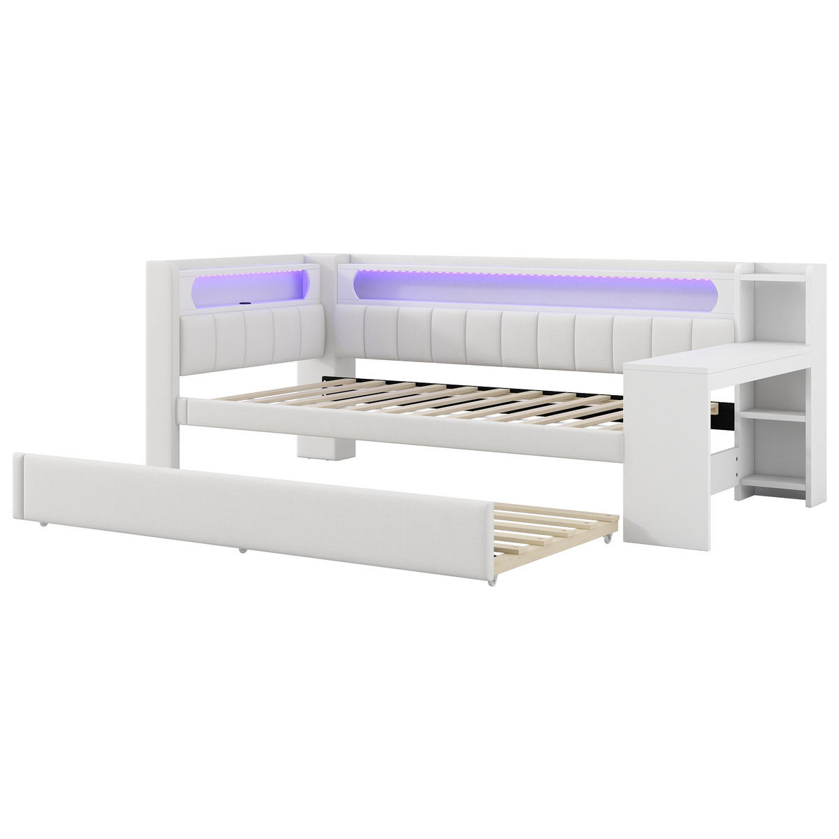 POLSTERBETT 90/200 cm weiß aus MDF mit LED USB Ausziehbett Schreibtisch - Weiß, Holzwerkstoff (90/200cm) - OKWISH