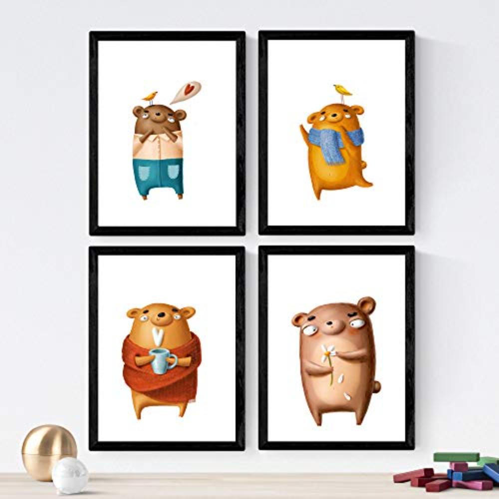 POSTER Set mit 4 Bärenblättern A3 Schwarzer Rahmen - Schwarz, Papier (29.7/3cm) - Nacnic