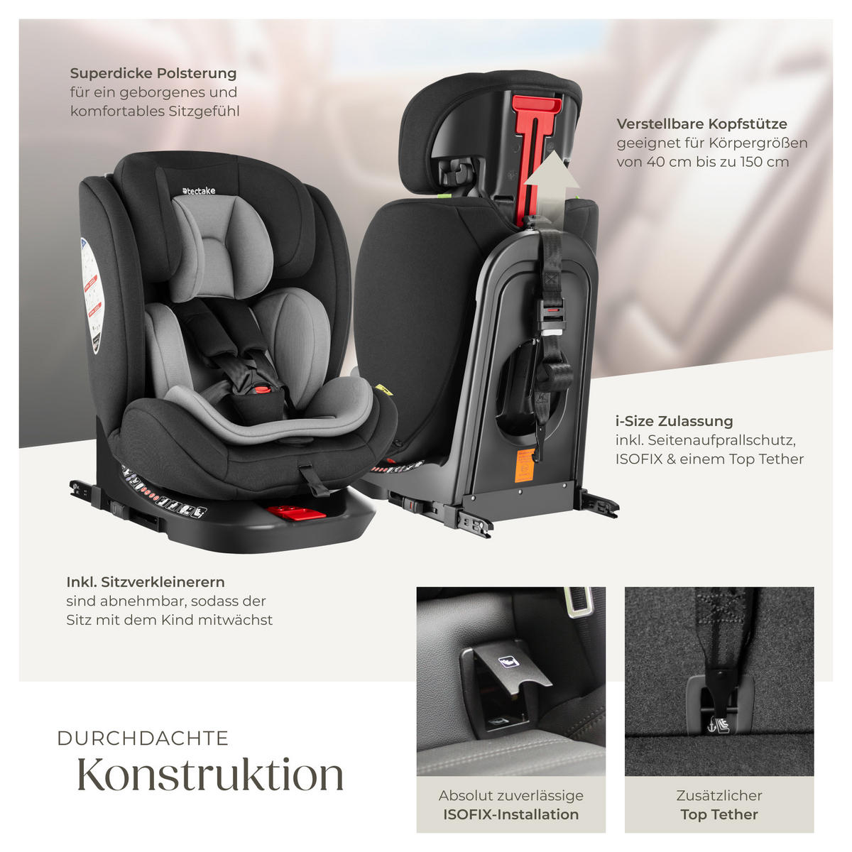AUTOSITZ Drehbar Linus,ab Geburt bis 150 cm, Belastbarkeit 36 kg,hellgrau/schwarz - Hellgrau/Schwarz, Kunststoff (48/74/55cm) - tectake