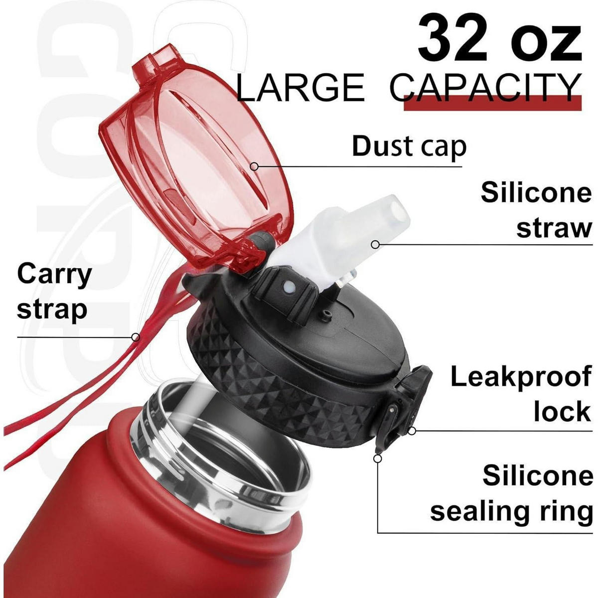 THERMOSFLASCHE mit Strohhalm 1000 ml Rot - Rot, Metall (8/8cm)