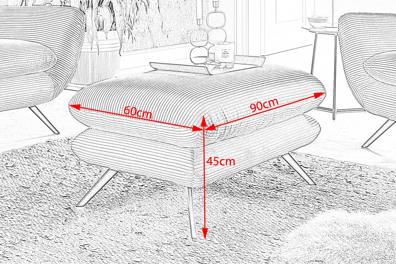 HOCKERBANK CHARME Braun Cord - Braun, Textil (90/45/60cm) - KAWOLA