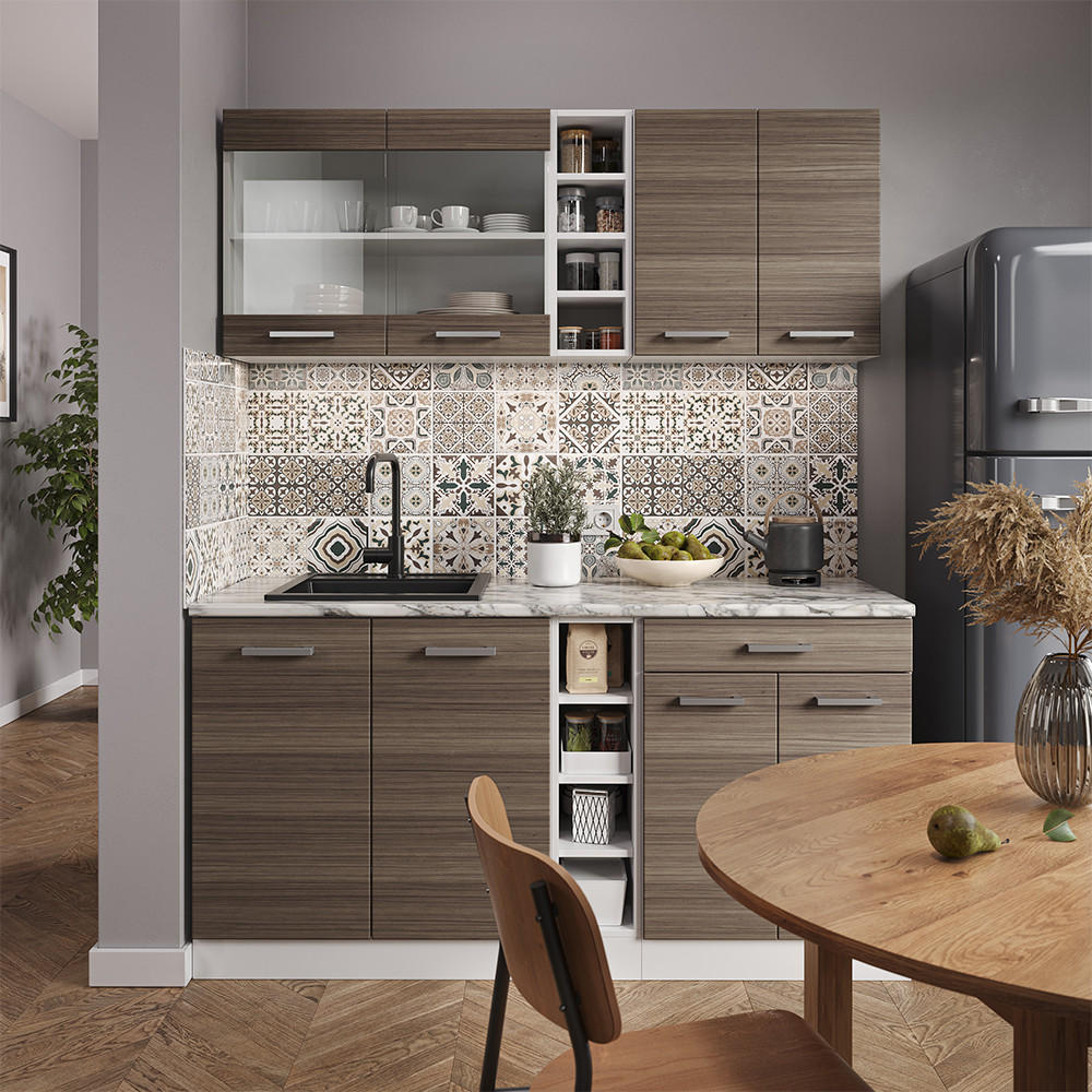SINGLEKÜCHE R-Line Edelgrau/Weiß 160 cm, AP Marmor - Braun/Weiß, Holzwerkstoff (160/81.6/60cm) - Vicco