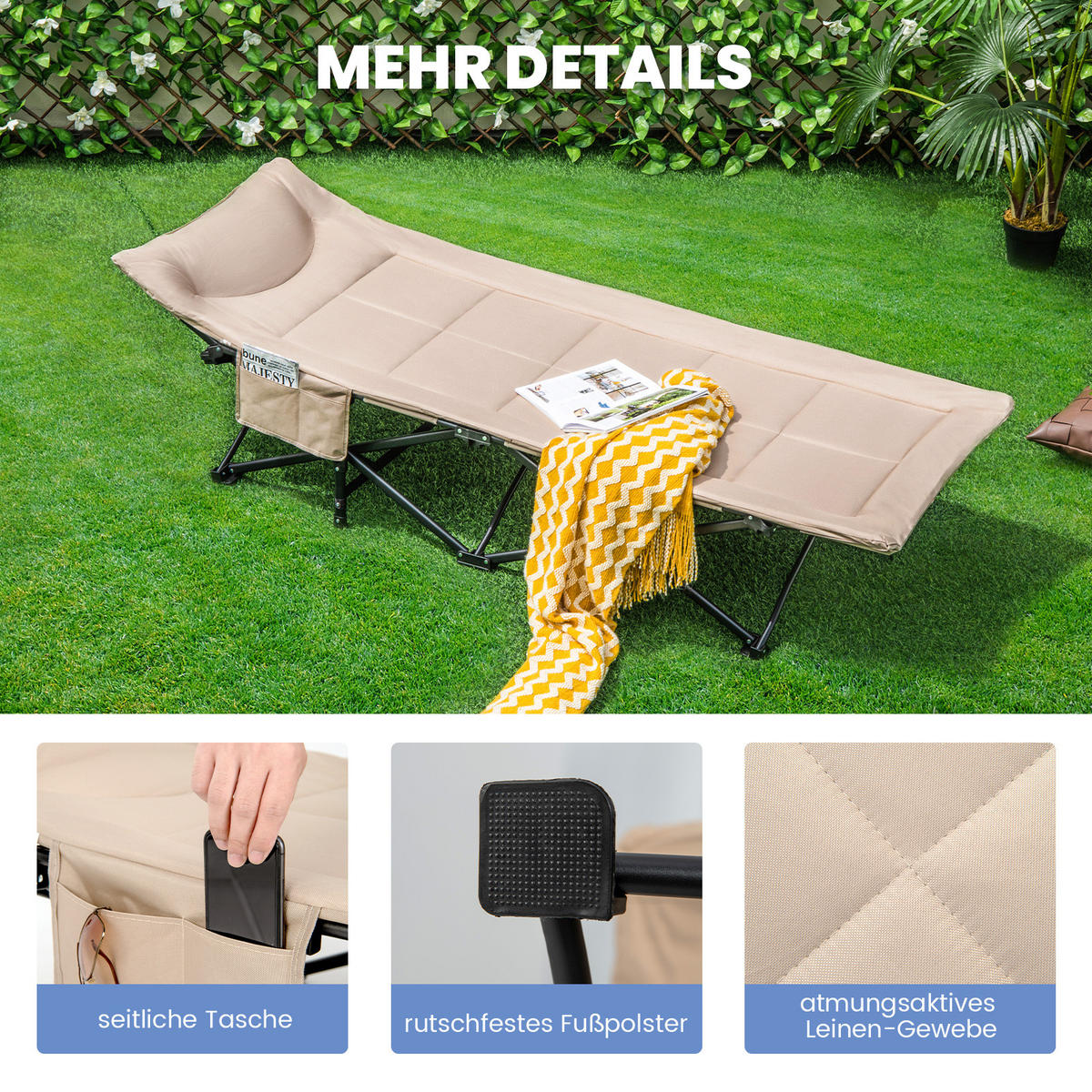 CAMPINGLIEGE Klappbare Khaki - Braun, Metall - COSTWAY