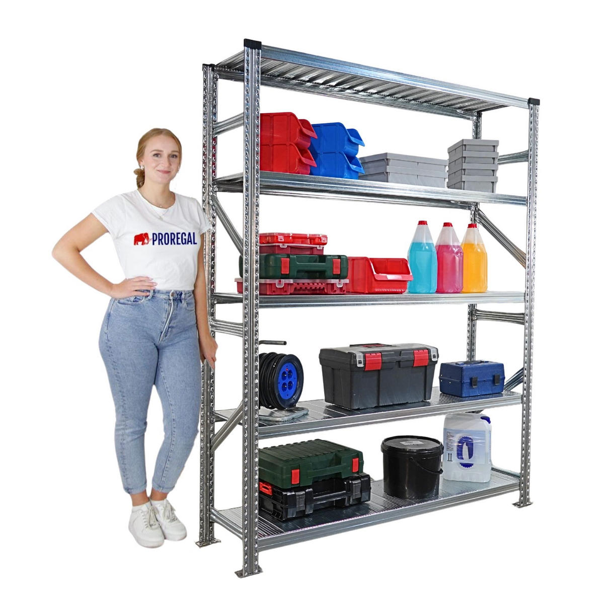 FACHBODENREGAL Proximo Stecksystem 200x150x40cm 5 Ebenen Fachlast 130 kg Beidseitig nutzbar Verzinkt - Silberfarben, Metall (150/200/40cm) - PROREGAL