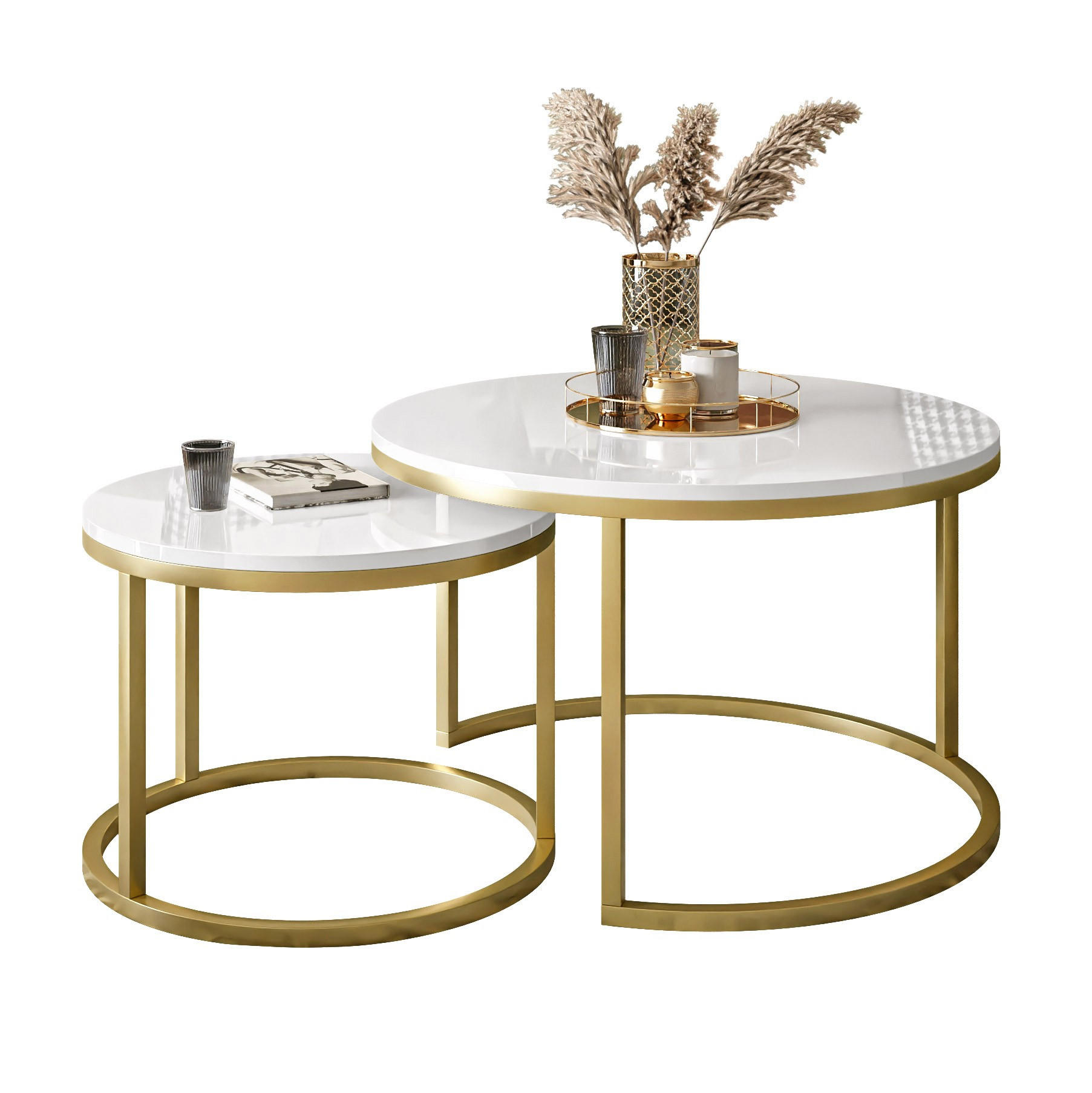 Lookway Couchtisch Gold, Weiß Hochglanz 70x48x70 cm