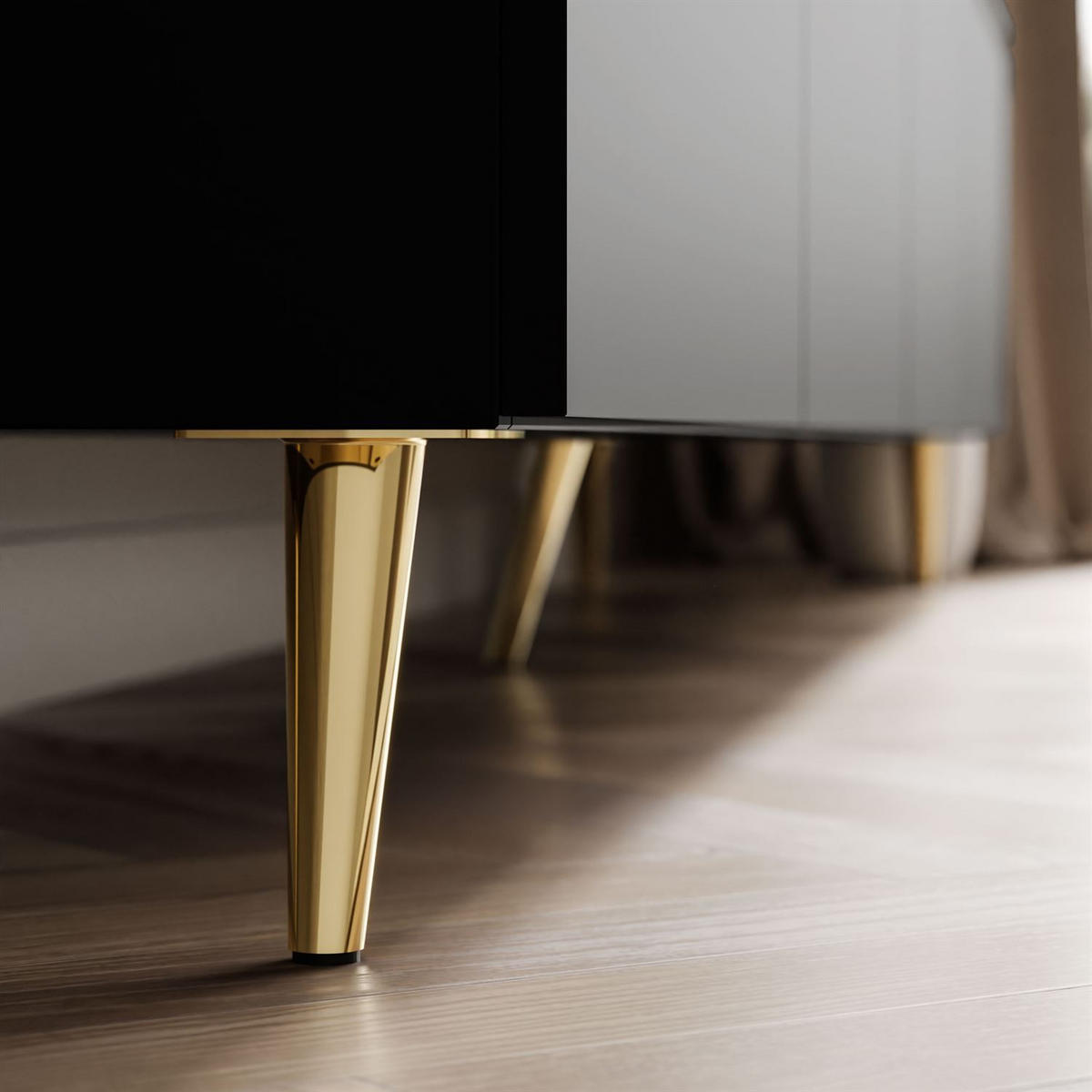 TV-SCHRANK CELINE 200 cm schwarz matt auf schräge goldenen Füßen - Schwarz, Holzwerkstoff (200/49/40cm) - Lookway
