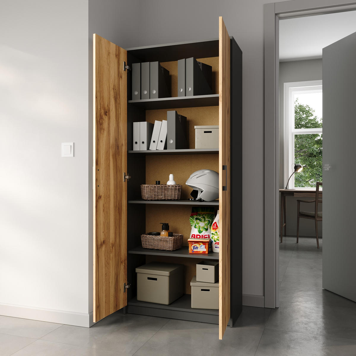 MEHRZWECKSCHRANK mit 5 Fächern und 2 Türen in Graphit / Eiche - Eichefarben/Graphitfarben, Holzwerkstoff (74/180/35cm) - Home Collective