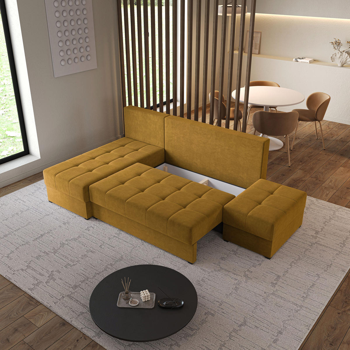 ECKSOFA NORVI Gelb Plüsch-Stoff mit Schlaffunktion - Gelb, Holz (251/143cm) - MASSENO