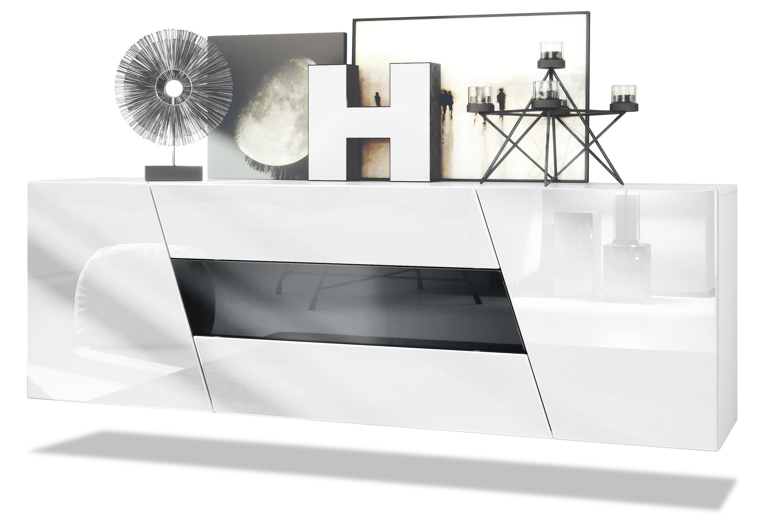 Vladon Sideboard Schwarz Hochglanz 178x57.5x38.5 cm