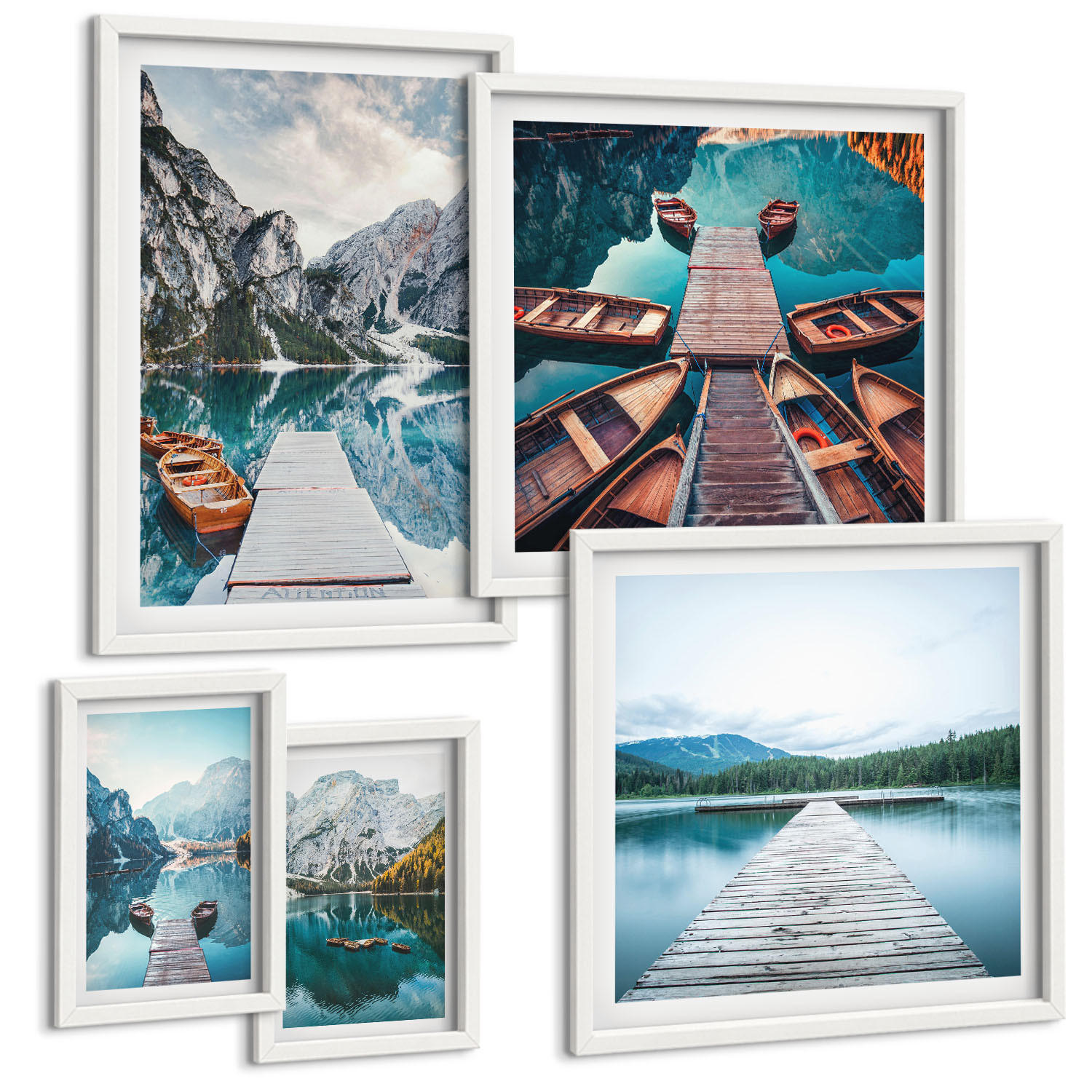 BILDER SET 5er Set - 50x50 cm & 20x30 cm & 40x60 cm Weißer Rahmen - Holzstege am See, Boote - Weiß, Kunststoff (40/60cm) - TULUP