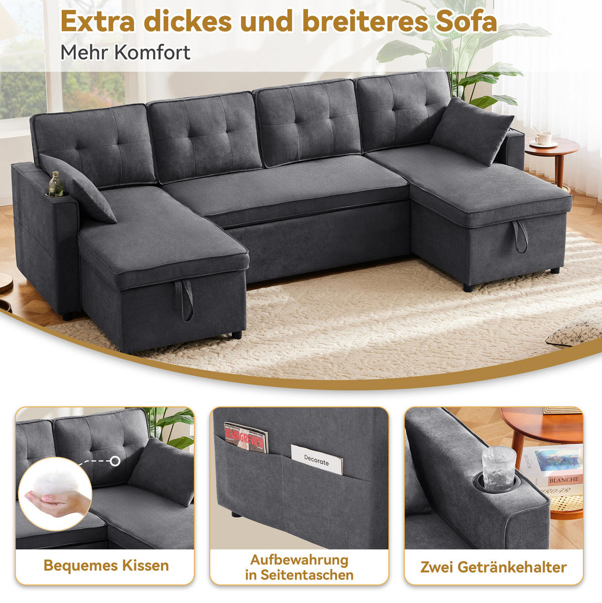 SCHLAFSOFA U-Form, Baumwolle-Leinen mit Stauraum & Getränkehaltern, 270/130/86 cm, Grau - Grau, Textil (130/86/270cm) - Redom
