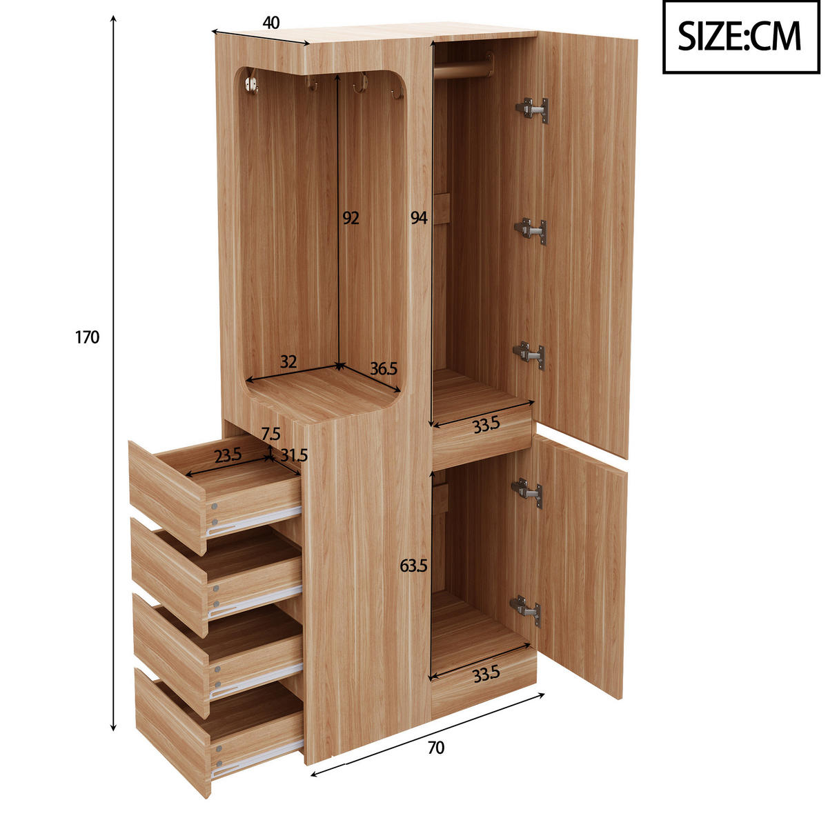 KLEIDERSCHRANK aus Kiefer, Sperrholz und MDF 70x40x170 cm Weiß/Holz mit Tür, 4 Schubladen und offenem Hängebereich - Nussbaumfarben, Holzwerkstoff (70/170/40cm) - Modfu