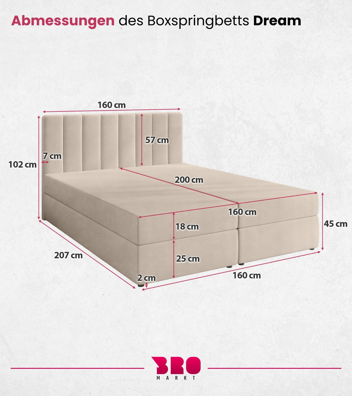 BOXBETT Denver mit Topper 160/200 Ecru - Ecru, Holzwerkstoff/Textil (160/200cm) - Bromarkt