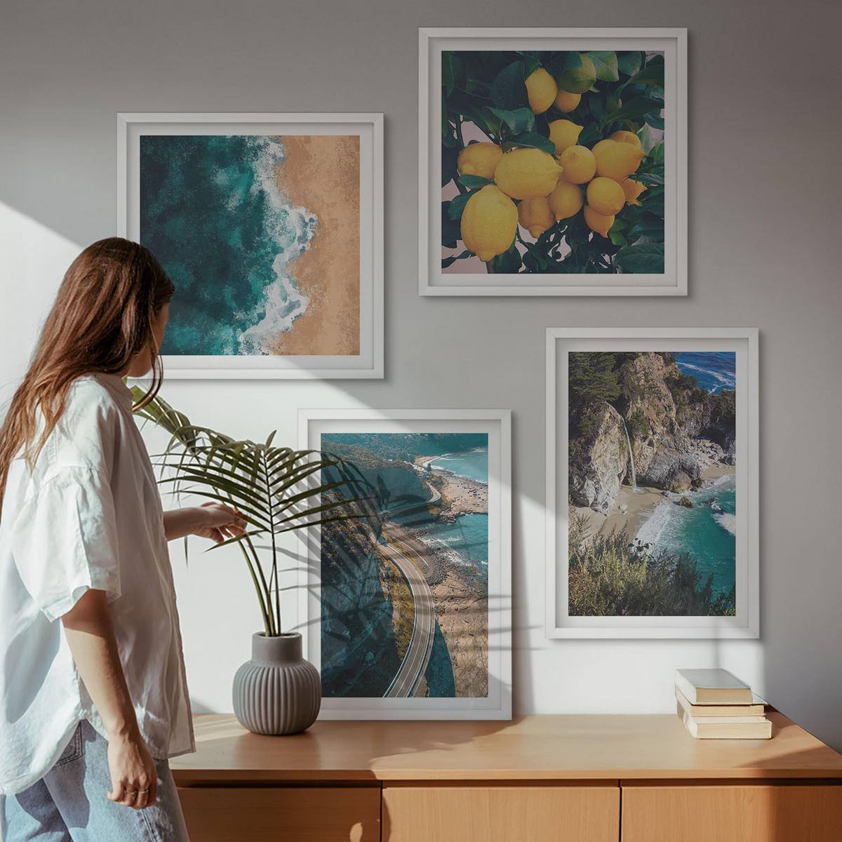WANDBILDER 4er-Set - 50x50 cm & 40x60 cm Weißer Rahmen - Meerstrand Zitronen Berge - Weiß, Kunststoff (50/50cm) - ArtPrintCave