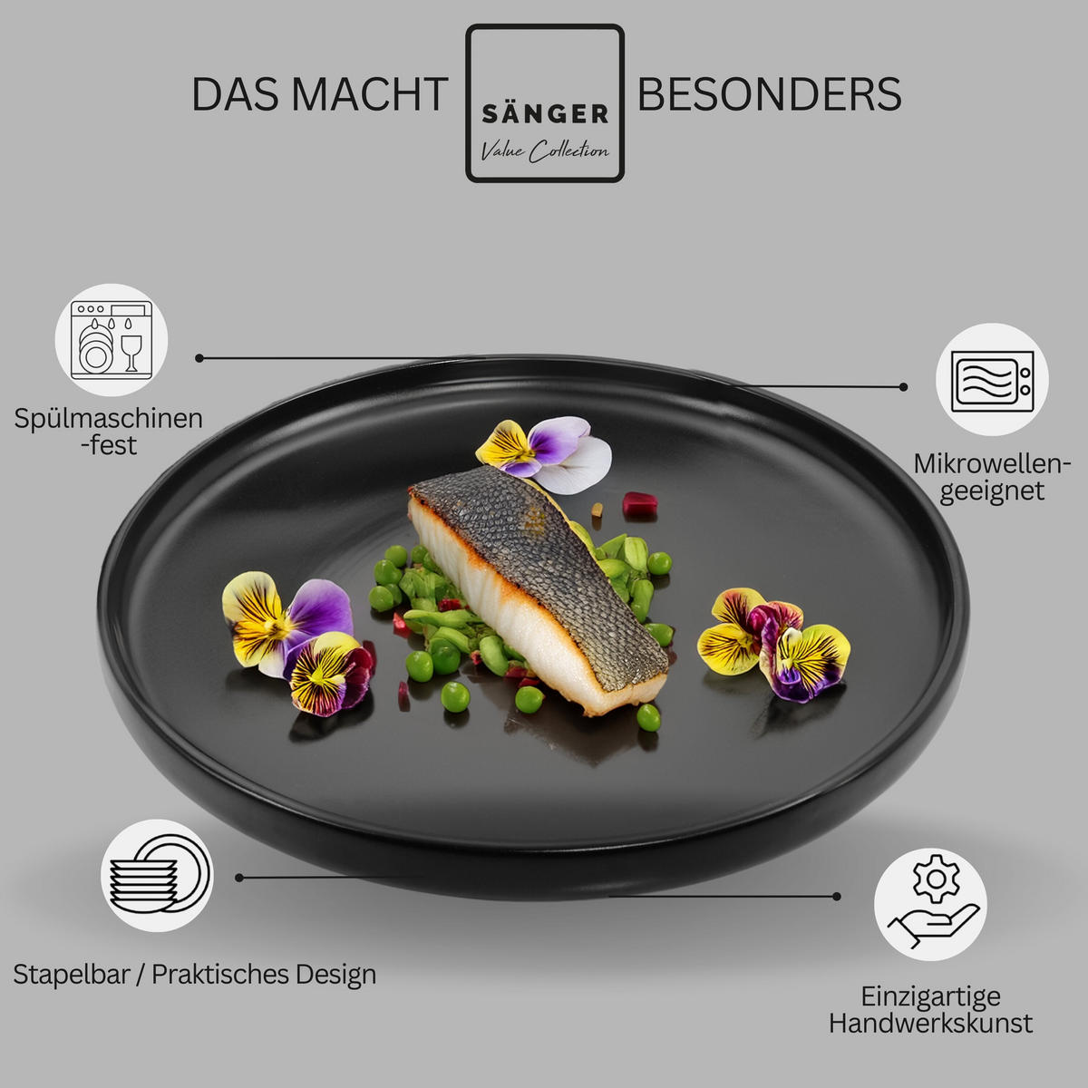SPEISETELLER SET MADEIRA- 6 teilig aus Steingut - Schwarz, Keramik (27cm) - Sänger