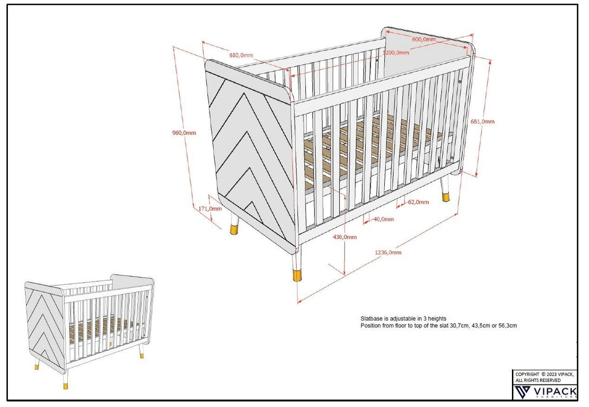 BABYBETT Kamillah 124x96x68 aus MDF in Terra Rosa - Rosa, Holzwerkstoff (60/120cm) - 58aufmkessel