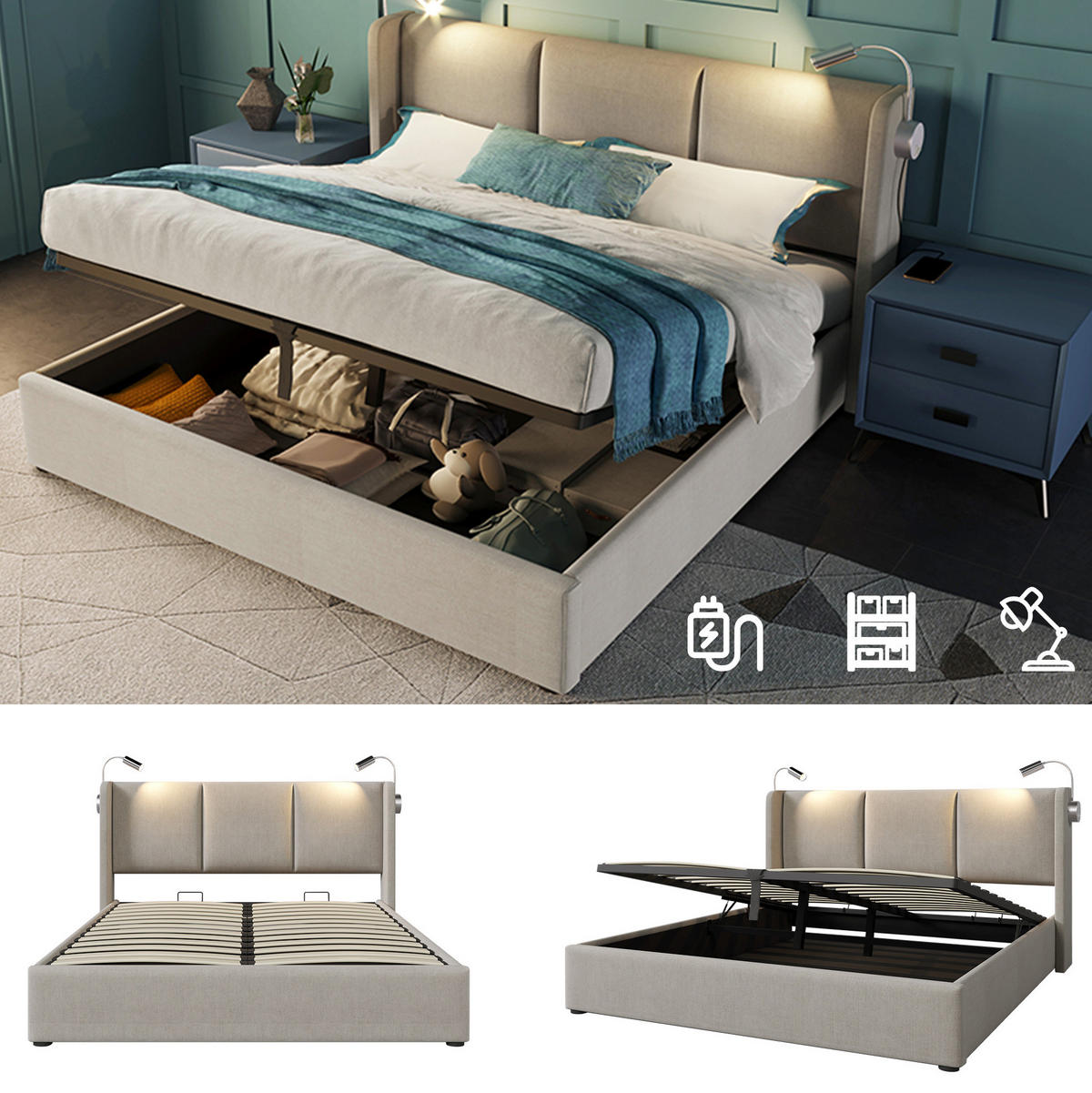 POLSTERBETT 180/200 cm Beige mit LED und USB-Ladefunktion - Beige, Textil (180/200cm) - MIVRAY