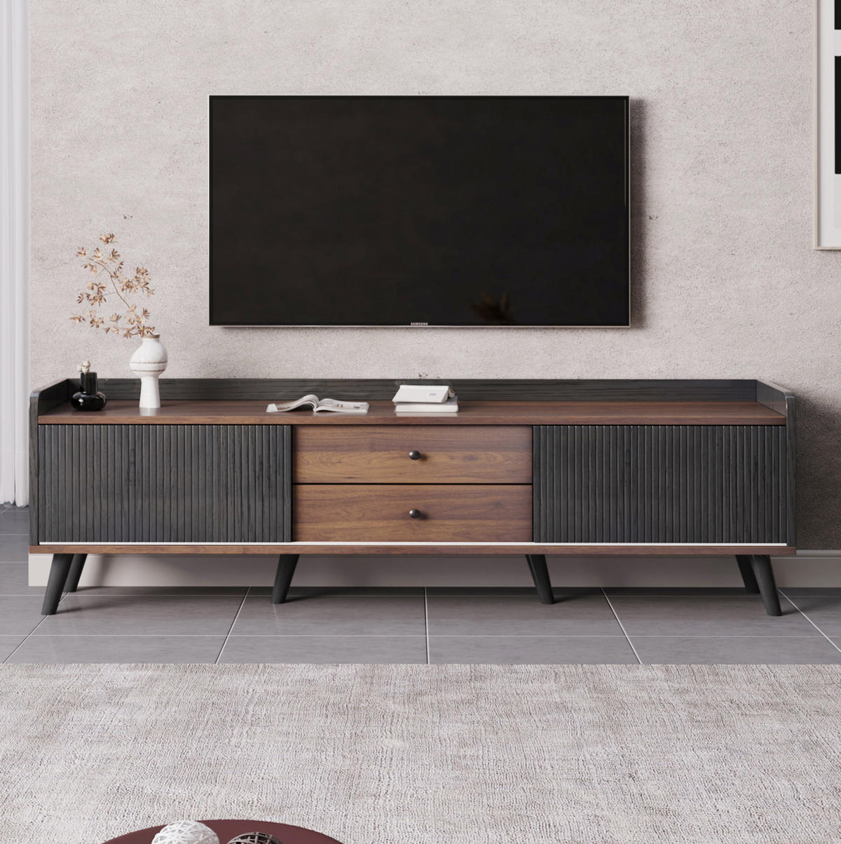 LOWBOARD 160/40/58 cm Schwarz/Holz aus Spanplatte mit 2 Schiebetüren und 2 Schubladen - Schwarz, Holzwerkstoff (40/58/160cm) - OKMYHOME