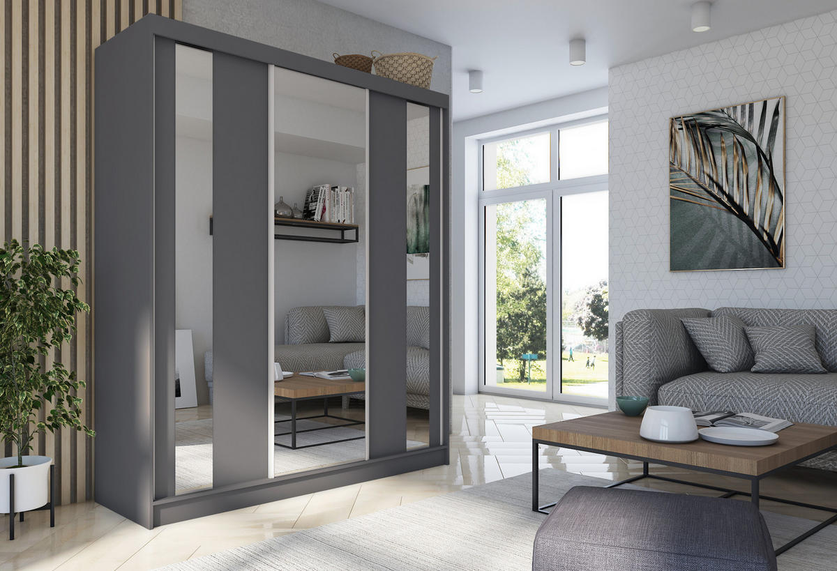 SCHWEBETÜRENSCHRANK GRAZIA 180/216/61 cm 3-türig mit Spiegel Grau - Grau, Holzwerkstoff (180/216/61cm) - MASSENO