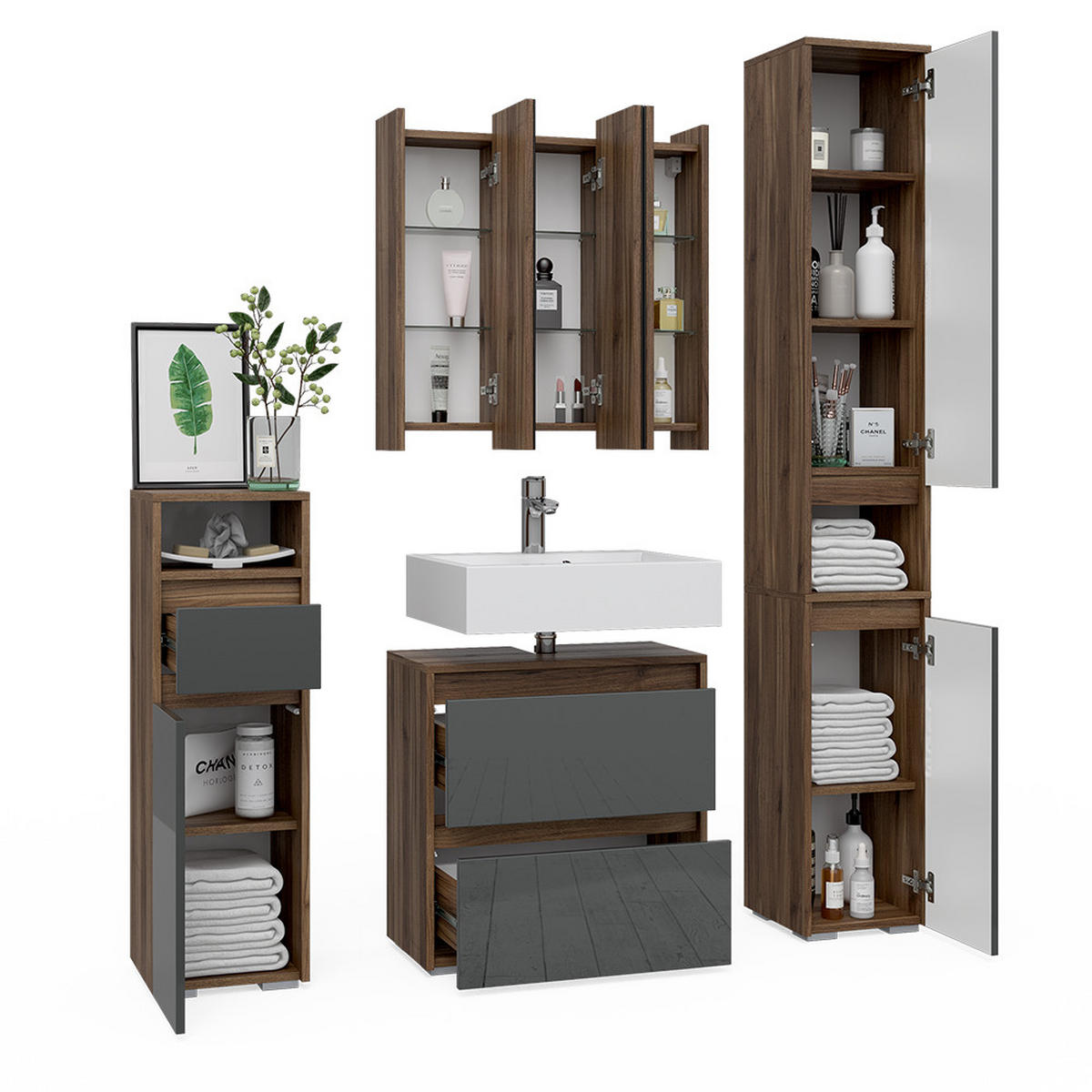BADMÖBEL-SET Majest Anthrazit 4 Teile - Anthrazit/Walnussfarben, Holzwerkstoff (60/62/30cm) - Vicco