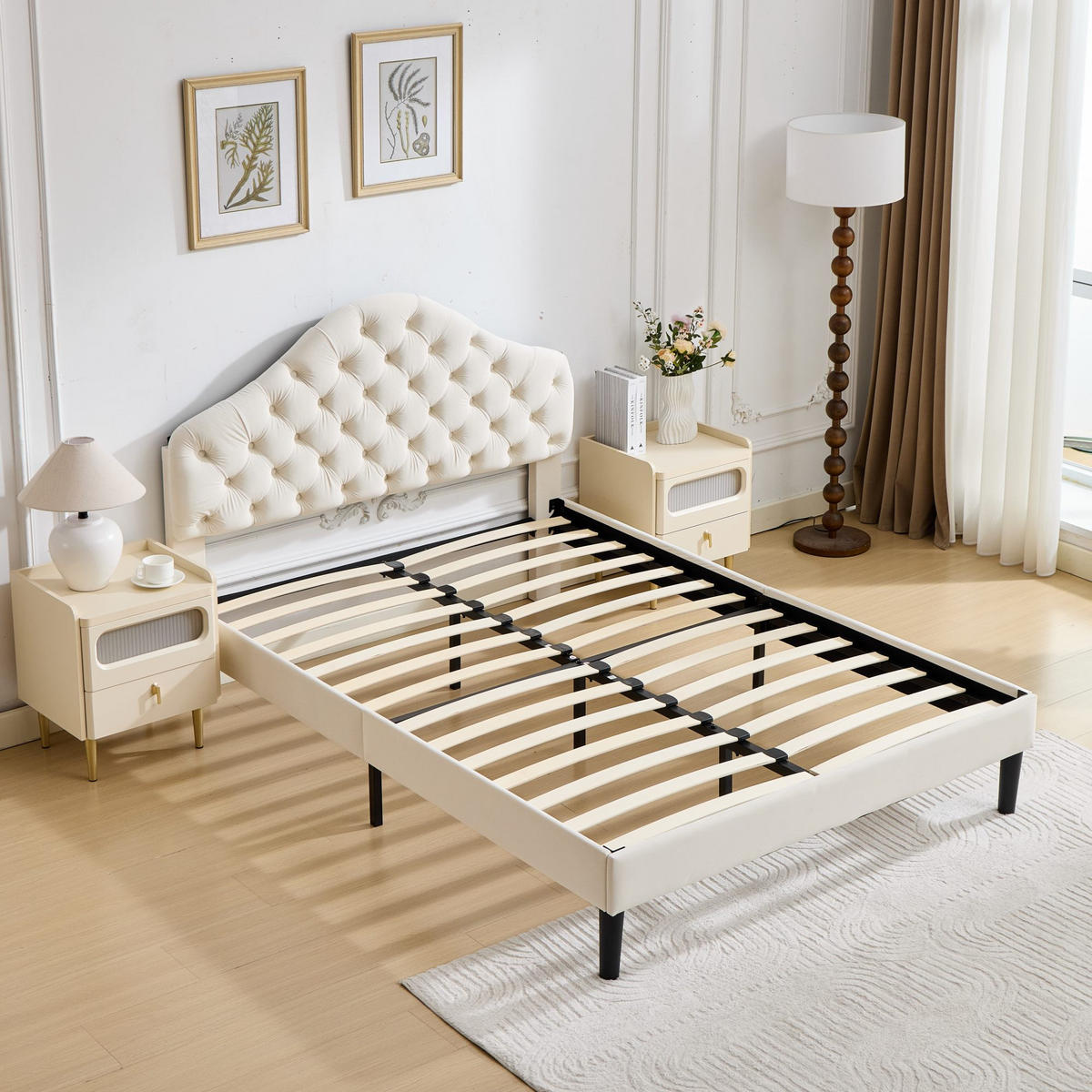 BETT mit verstellbarem Kopfteil 140x200 cm Samt Beige - Beige, Holzwerkstoff (140/200cm) - Meubliv
