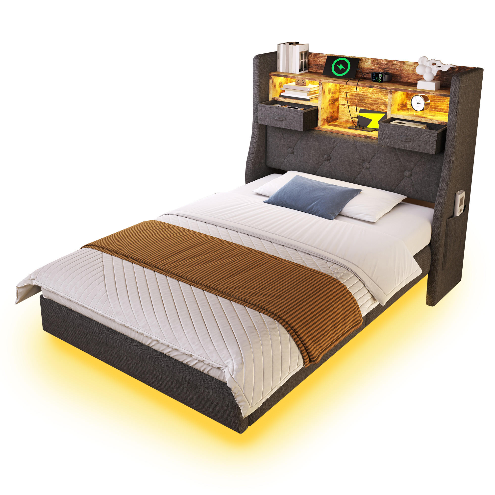 POLSTERBETT aus Leinen 90x200 cm in Grau mit LED & Matratze - Grau, Textil (90/200cm) - Modfu