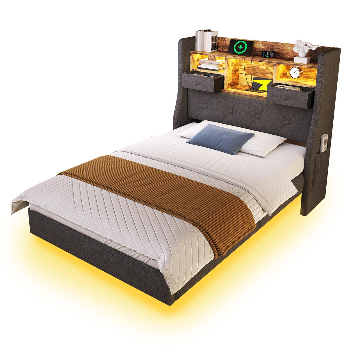 POLSTERBETT aus Leinen 90x200 cm in Grau mit LED & Matratze - Grau, Textil (90/200cm) - Modfu