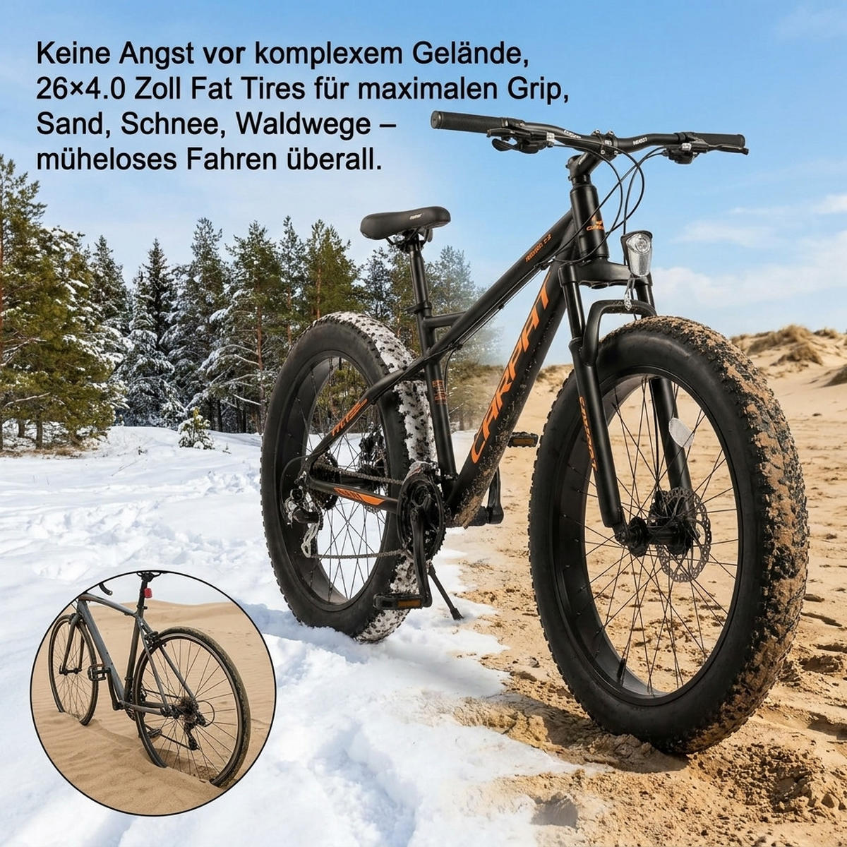 MOUNTAINBIKE 26 Zoll Schwarz – 4.0 Zoll Fettreifen – 2x8 Gangschaltung – Aluminiumlegierung - Schwarz/Orange, Metall (24cm) - Oxeza