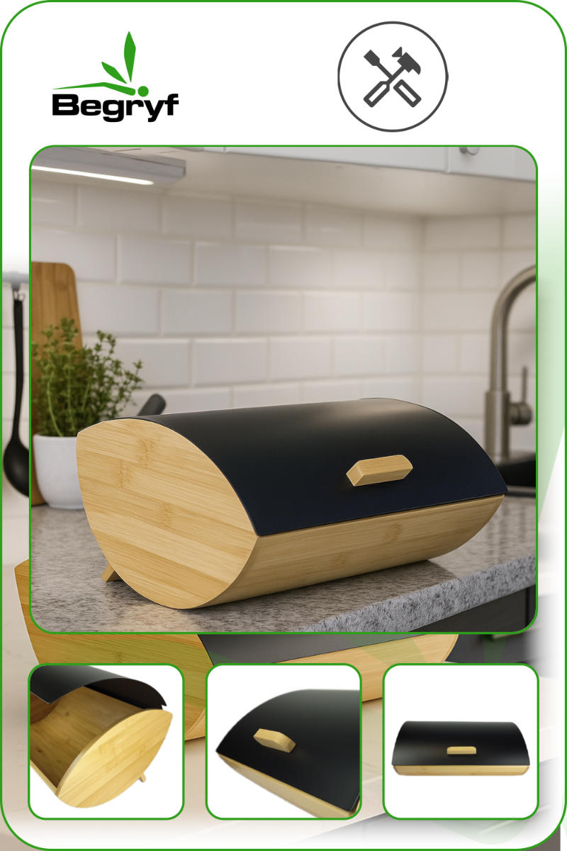 BROTKASTEN Bambus Metall Naturfarben Schwarz zum Aufklappen 35x25x15,5 cm - Schwarz/Naturfarben, Holzwerkstoff/Metall (35/15.5/25cm) - Begryf