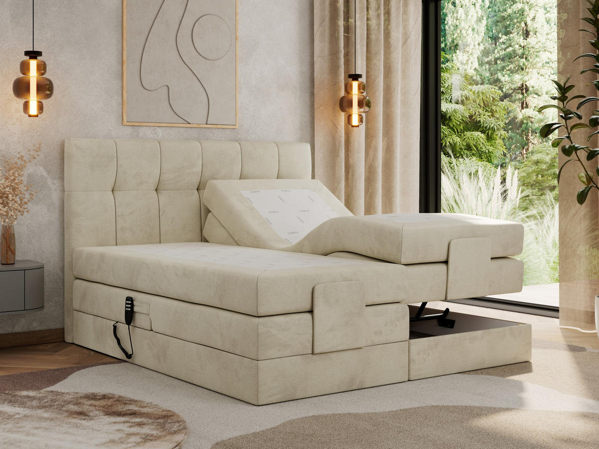 BOXBETT VITTORIA 140/200 - Beige Velvet - H3 - Beige, Holz/Textil (140/200cm) - MKS