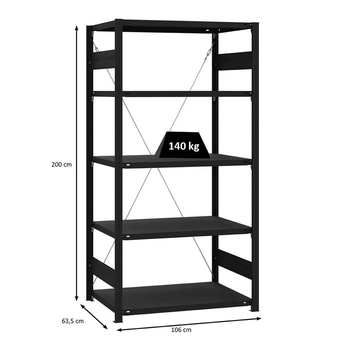 WOHNREGAL Motemo 200x100x60cm 5 Ebenen je 150kg Fachlast Matt-Schwarz - Schwarz, Metall (100/200/60cm) - PROREGAL