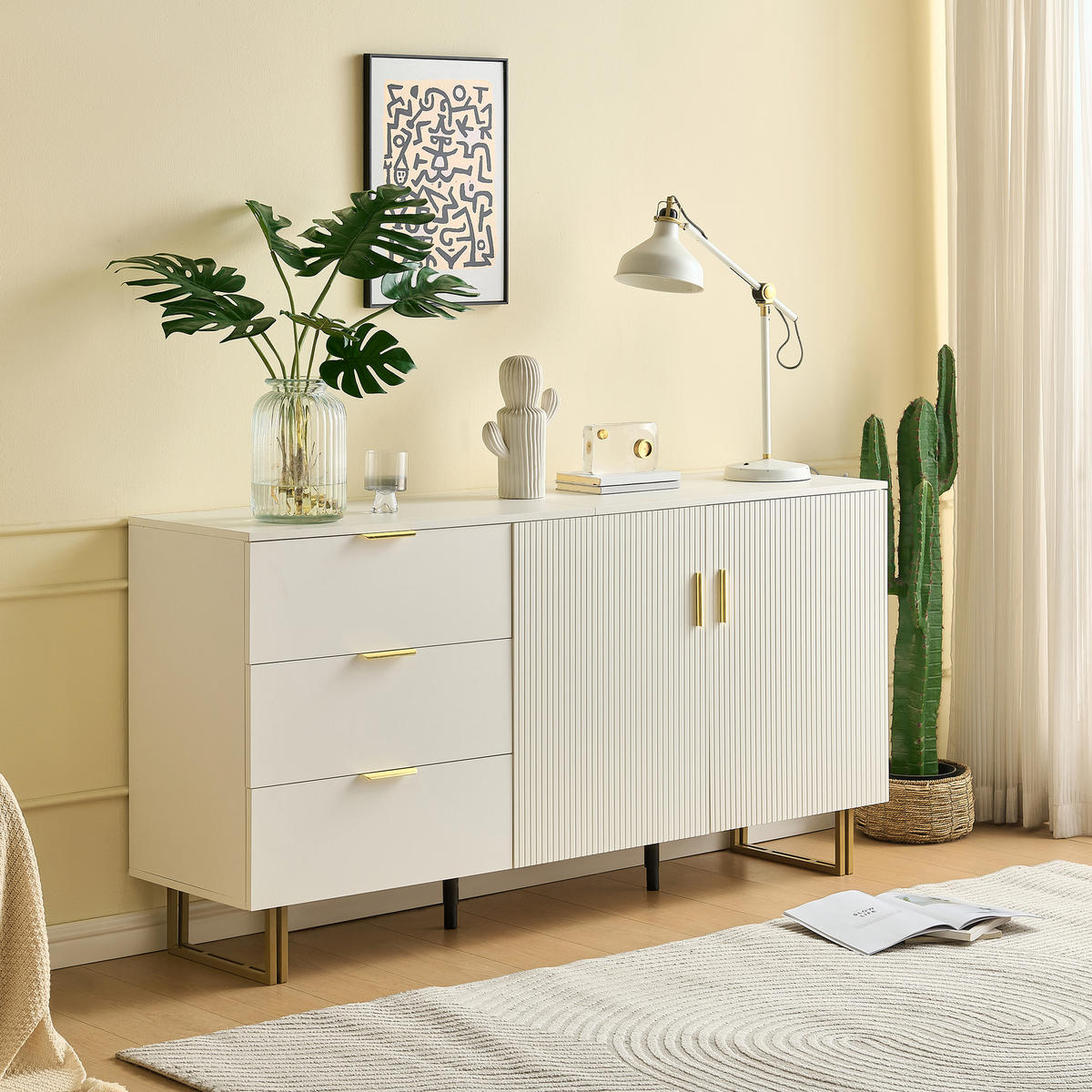 SIDEBOARD 160cm 2 Türen 3 Schubladen Gold Stahl modern - Weiß, Holzwerkstoff (40/81.5/160cm) - FLIEKS