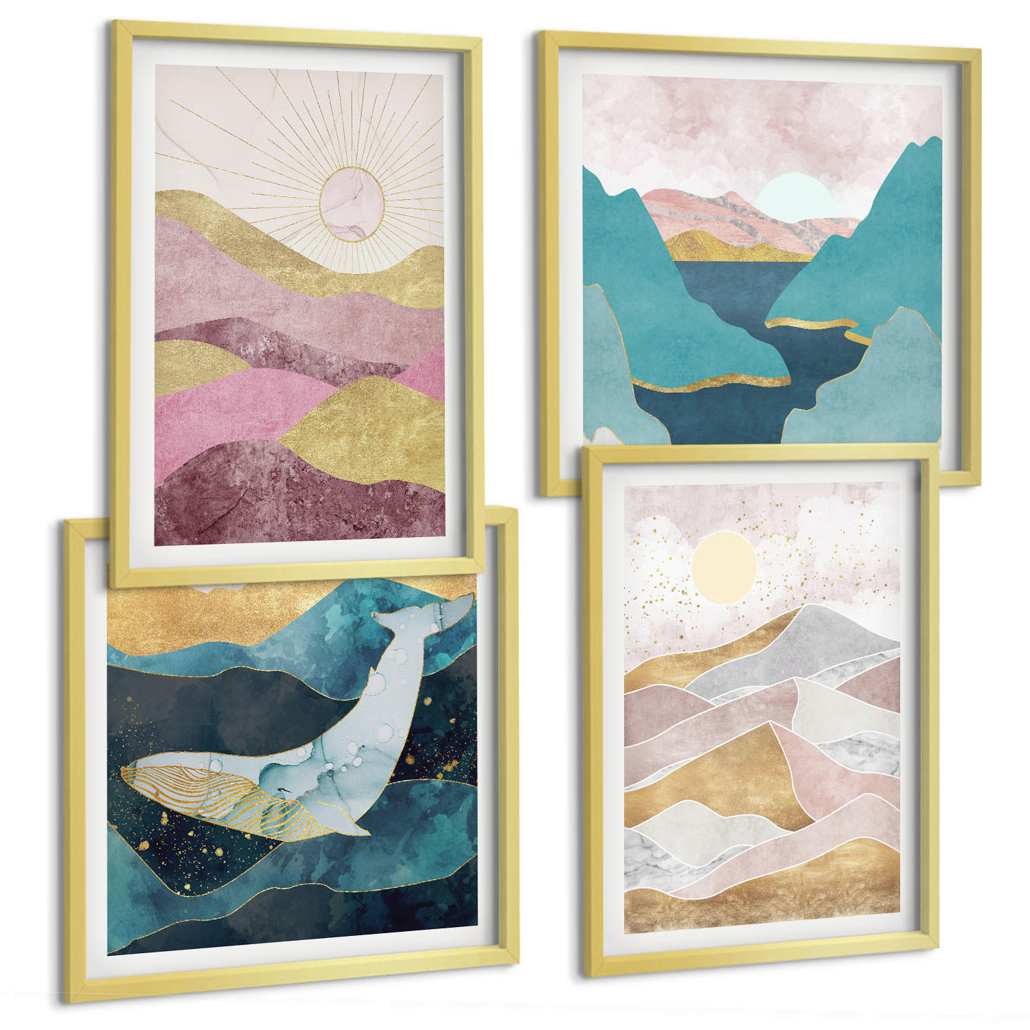 BILDER SET 4er Set - 50x50 cm & 40x60 cm Goldrahmen - Abstrakte Berge Sonne - Goldfarben, Kunststoff (50/50cm) - TULUP