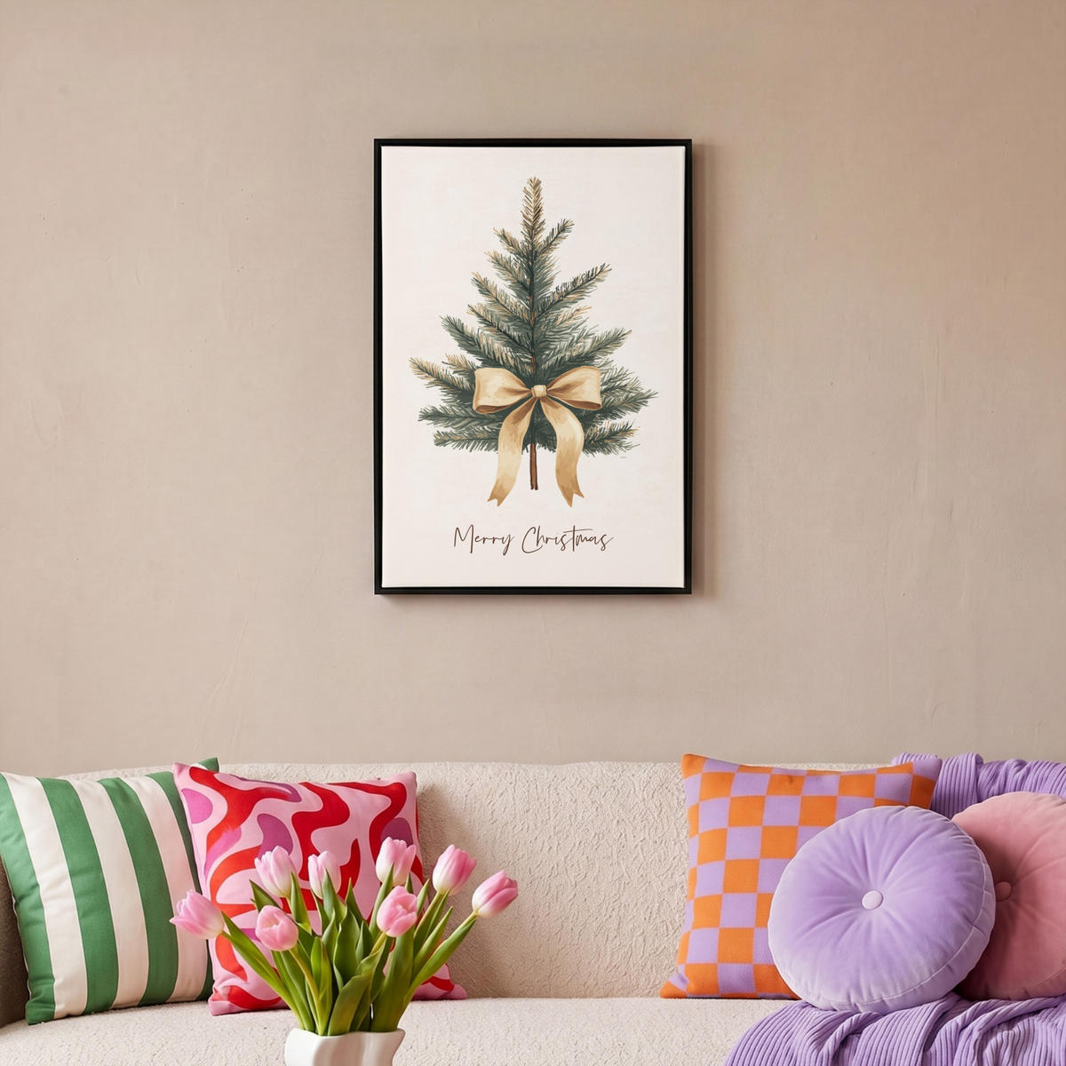 LEINWAND Bilder mit Rahmen - Weihnachtsbaum - Weihnachten - Frohe Weihnachten - Beige - 40x60 - Sandfarben, Textil (40/60cm) - MuchoWow