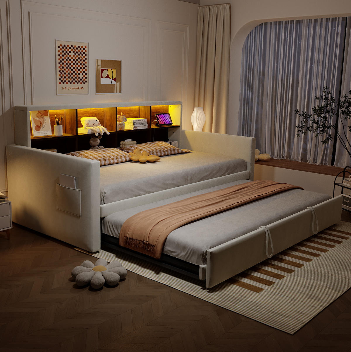 POLSTERBETT 90/190 cm aus Samt mit ausziehbarem Gästebett und LED-Kopfteil Beige - Beige, Textil (90/190cm) - Modenvie