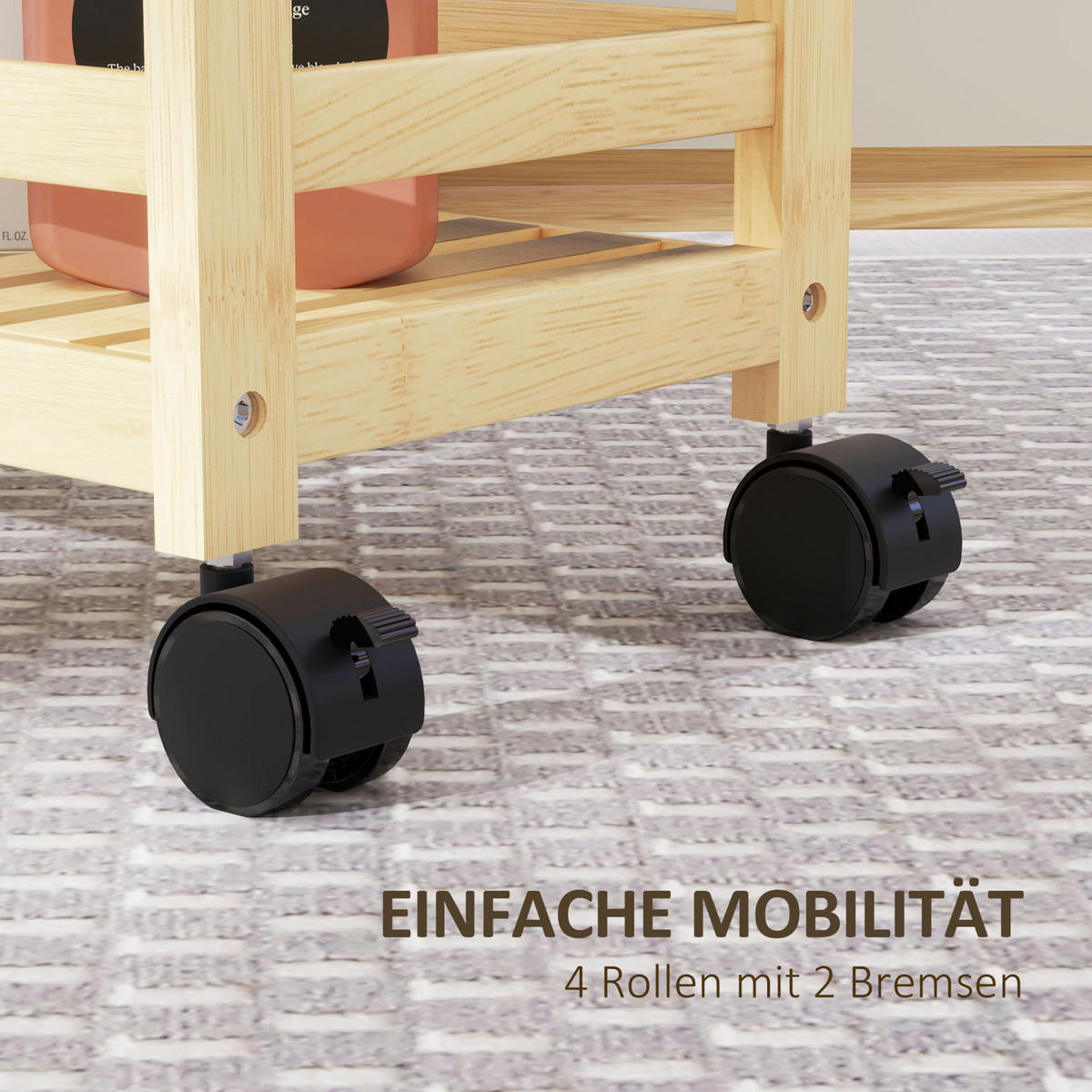 SERVIERWAGEN mit 3 Ebenen aus Bambus, mit Rollen und Haltegriff, 55/20/75 cm - Hellbraun, Naturmaterialen (55/75/20cm) - BEAOK