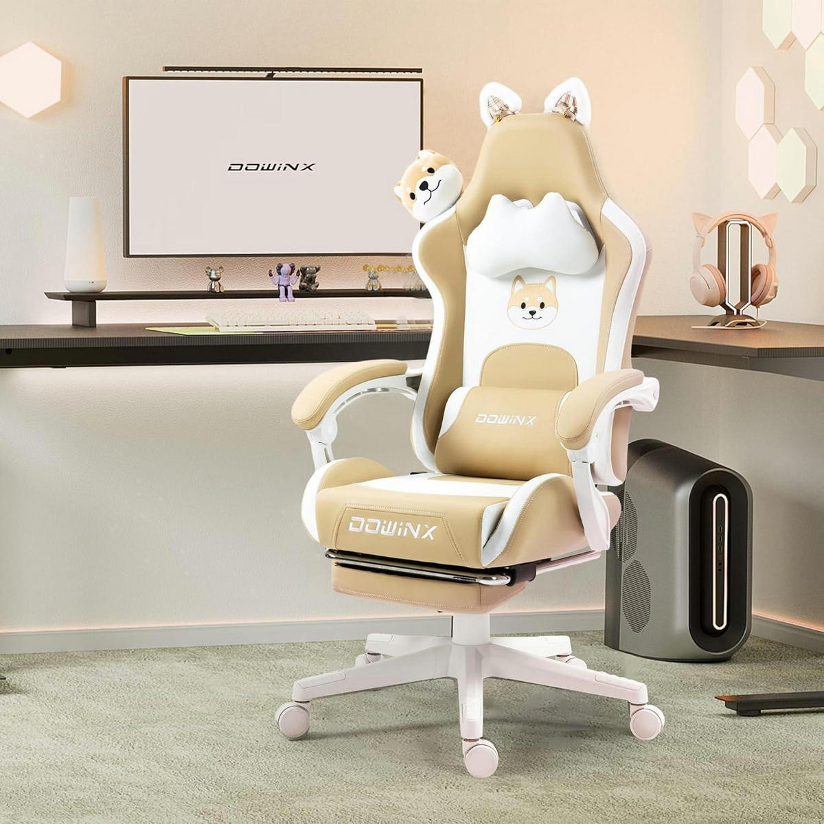 GAMING-STUHL mit Hundemotiv und Fußstütze, ergonomisch, PU-Leder, Braun - Braun, Kunststoff (57/135/76cm)